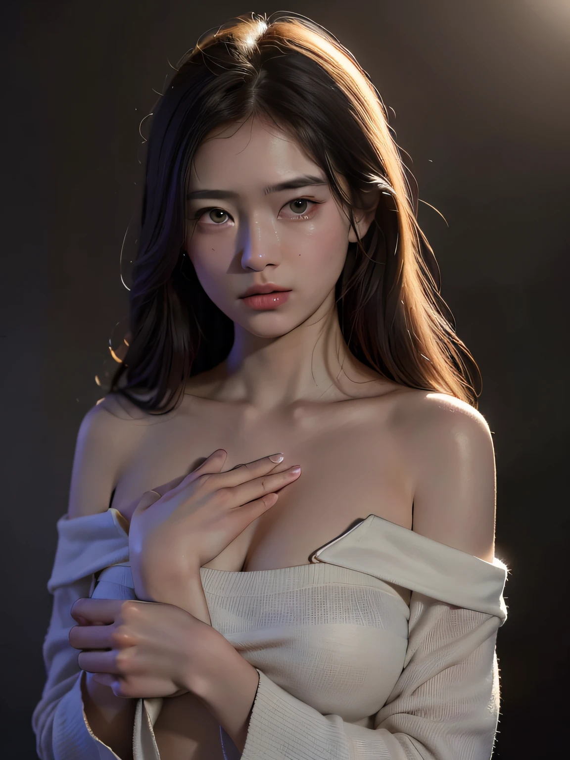 Top Quality, Masterpiece, Ultra High Resolution, (Photorealistic: 1.4), Raw Photo, 1 Girl, Off Shoulder, Darkness, Deep Shadows, Low Key, Cold Light, (Grabbing the Chest: 1.2), Crying Unbearable to Endure Suffering,looking at the viewer with a serene bliss, diffused light, chromatic abberation, caustics
