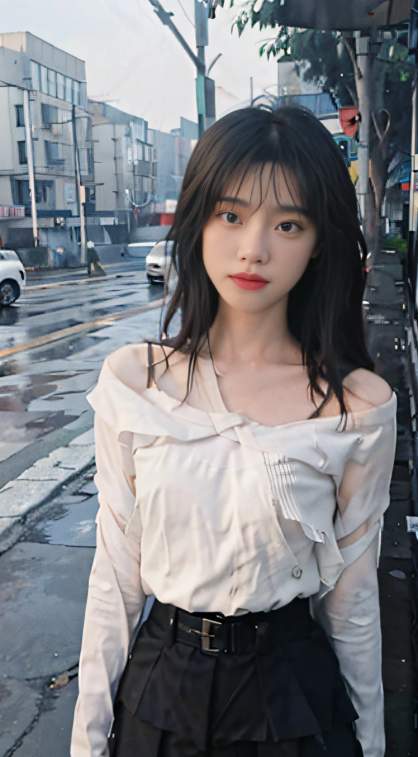 ((Best Quality, 8k, Masterpiece: 1.3)), Focus: 1.2, Perfect Body Beauty: 1.4, Buttocks: 1.2, ((Layered Haircut, Flat Chest: 1.2)), (Rain, Street:1.3), White bandeau, skinny jeans, Highly detailed face and skin texture, Fine eyes, Double eyelids, Whitened skin, Long hair, (Shut up: 1.3), Full body