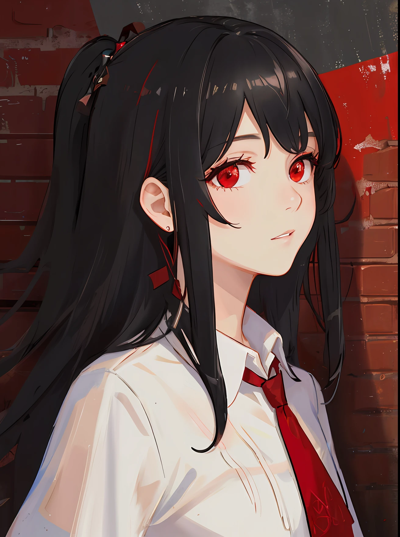 Ultra-realistic 8k cg, masterpiece, ((ultra fine background, exquisite patterns, intricate details)), best quality, intricate details, color difference, 1girl, long hair, black hair, messy hair, red highlights, hair above one eye , red eyes, sharp eyes, collar, brick wall, graffiti, dim light, alley, oversized shirt, strapless, see-through white shirt, masterpiece, best quality
