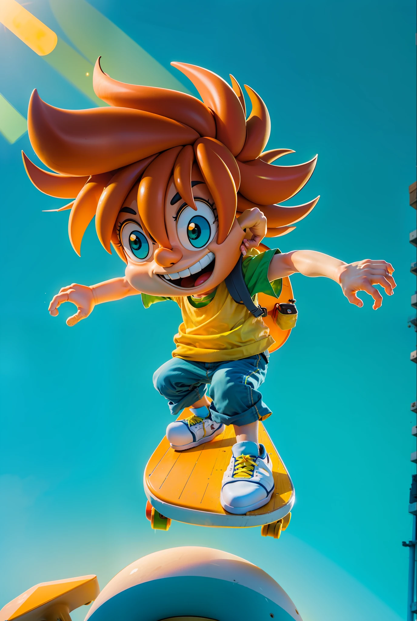 ((Masterpiece, Best Quality)), (Complex Light), A cool boy, skateboarding, laughing, brown hair flying, yellow vest, blue short sleeves, green pants, yellow socks, yellow school bag, red and white sneakers, hands open, brown hair, yellow skateboard under feet, 3d, cute, soft lighting, green ground, white background, HD, Disney style,