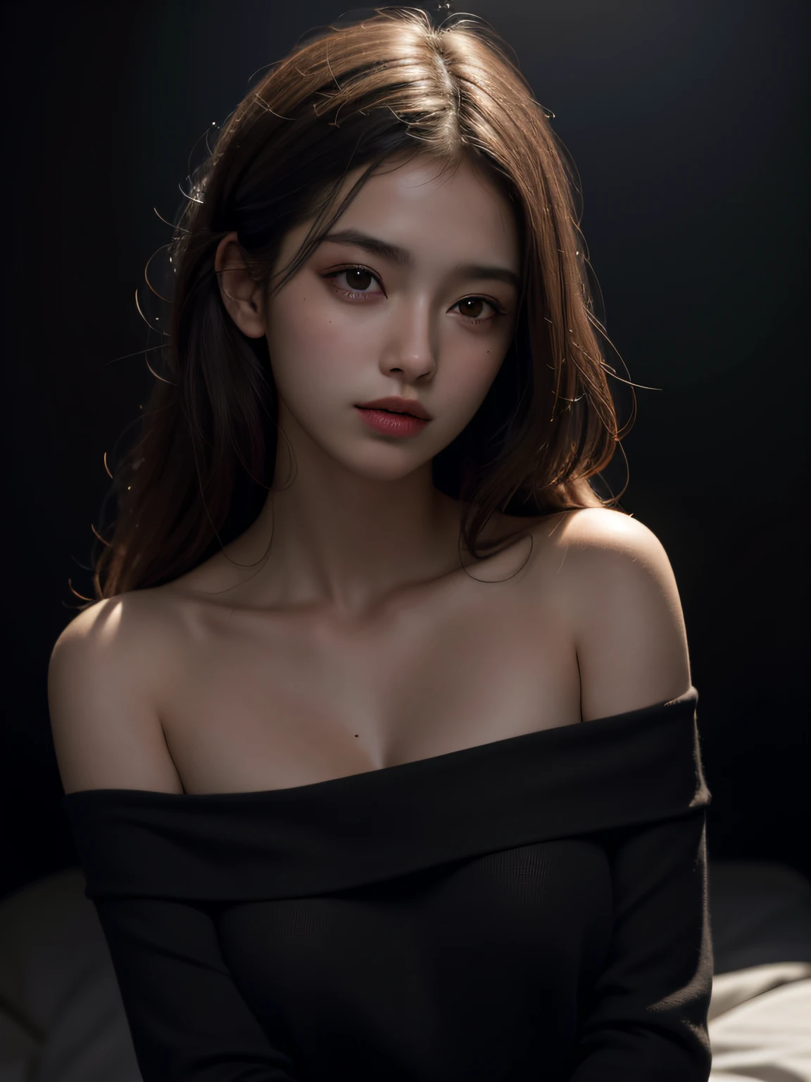 Best quality, masterpiece, ultra high res, (photorealistic:1.4), raw photo, 1girl, offshoulder, in the dark, deep shadow, caustics, looking at the viewer with a serene bliss, diffused light