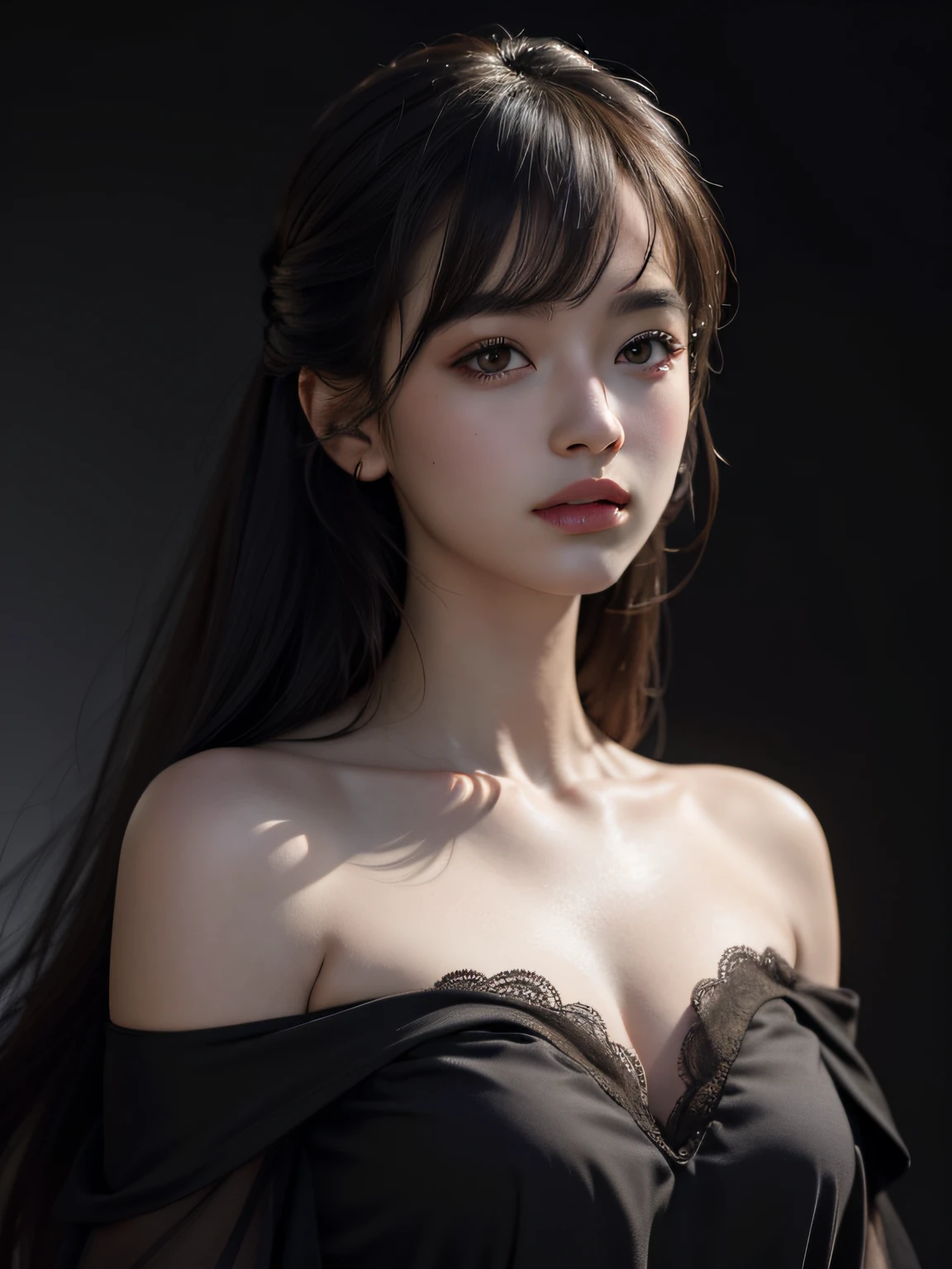 Best quality, masterpiece, ultra high res, (photorealistic:1.4), raw photo, 1girl, offshoulder, in the dark, deep shadow, caustics, looking at the viewer with a serene bliss, diffused light