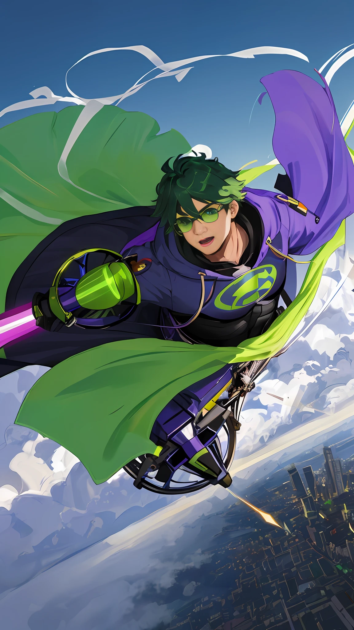 Superhero in a handicapped wheelchair flying around town with his cape fluttering behind him. He has a determined expression on his face as he flies towards danger, ready to save the day. His wheelchair is adorned with high-tech gadgets and tools, making it a weapon as big as his superpowers. (HD) (4K) (RTX) (Nerd Clothes) (Zoom face) (Suit with different shades of green and also purple) (Circular glasses) (Chubby physical complexion).