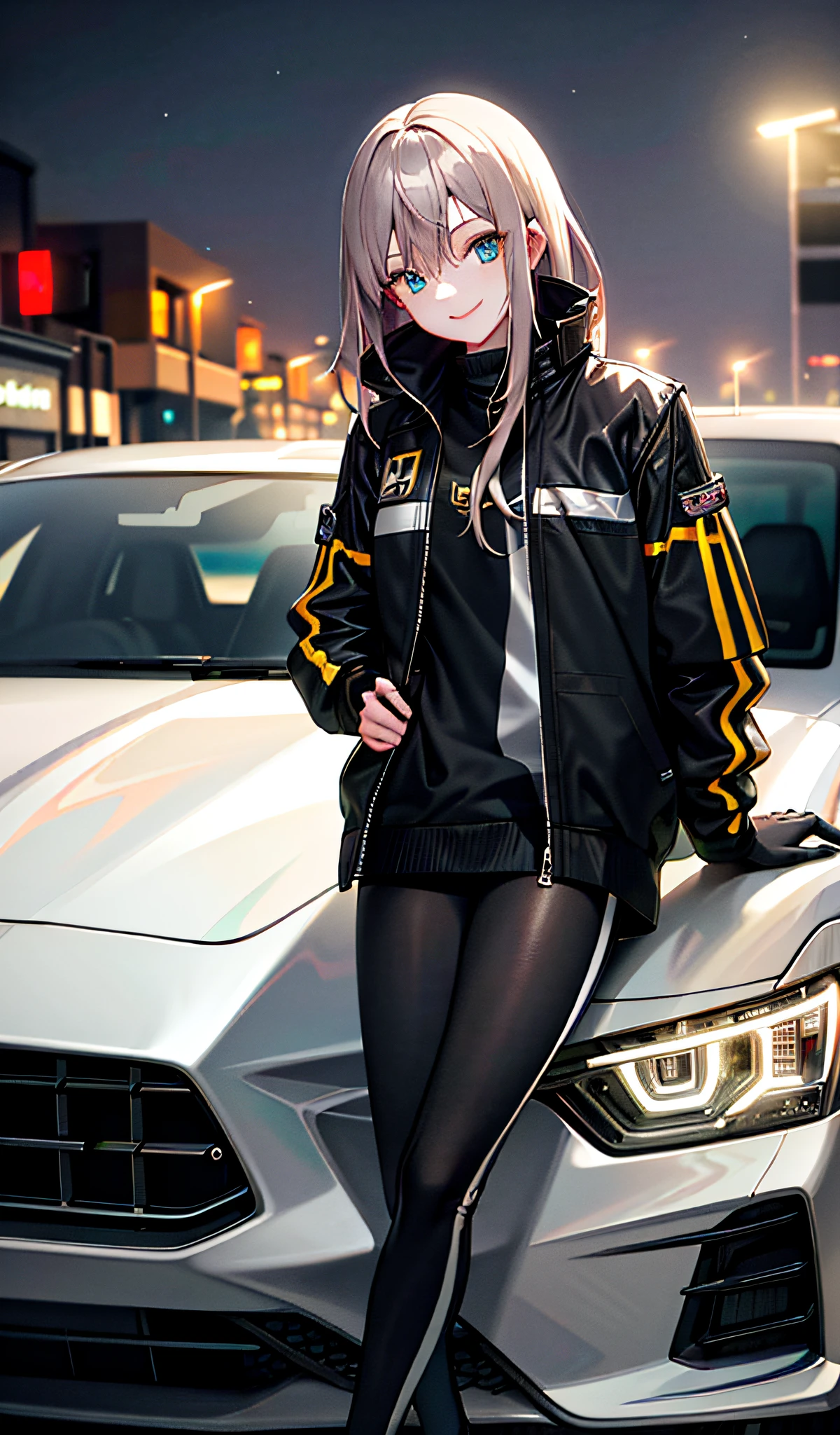 Masterpiece, best quality, leaning on a car, underground street racing, oversized racing jacket, racing gloves, oversized clothes, night, glowing and glowing, smugness, (smile: 0.8)