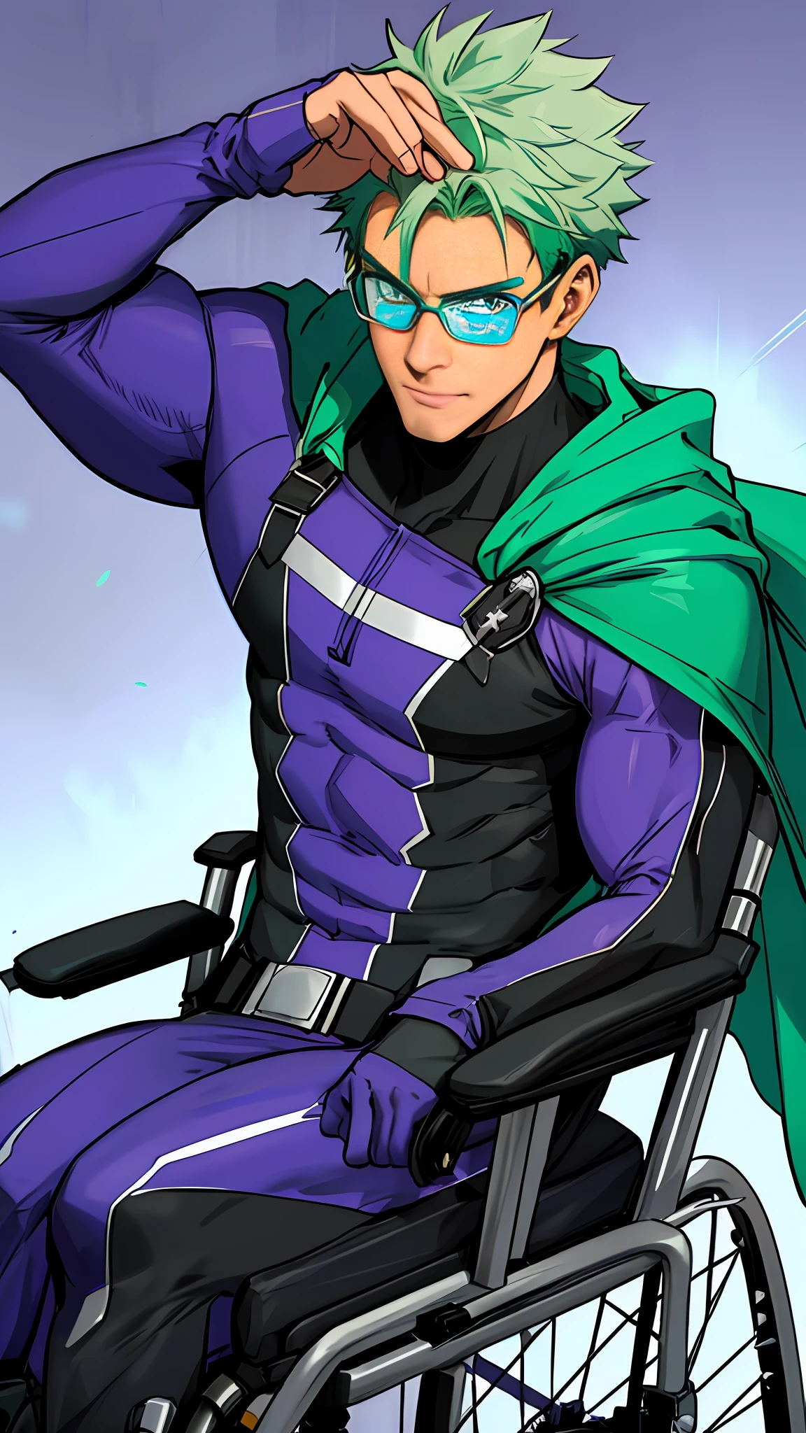 Superhero in a handicapped wheelchair flying around town with his cape fluttering behind him. He has a determined expression on his face as he flies towards danger, ready to save the day. His wheelchair is adorned with high-tech gadgets and tools, making it a weapon as big as his superpowers. (HD) (4K) (RTX) (Nerdy Clothes) (Zoom face) (Suit with different shades of green and also purple) (circular glasses) (Slender physical complexion) (straight hair) (short hair).