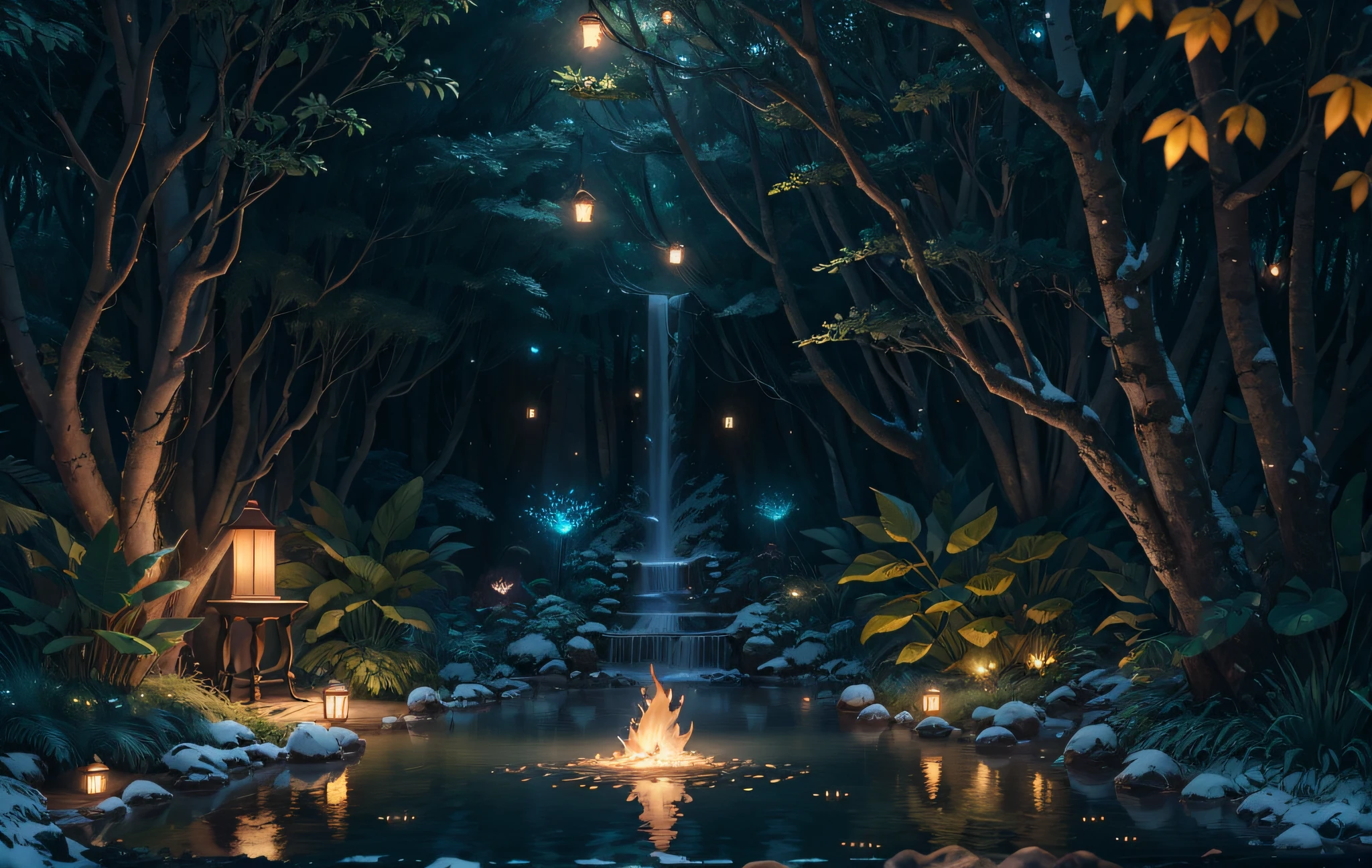 Masterpiece, best quality, (very detailed CG unified 8k wallpaper), (best quality), (best illustration), (best shadow), glowing elf , drinking water in the pool, natural elements in forest theme. Mysterious forest, beautiful forest, nature, surrounded by flowers, delicate leaves and branches surrounded by fireflies (natural elements), (jungle theme), (leaves), (branches), (fireflies), (particle effects) and other 3D, Octane rendering, ray tracing, super detailed , animals (in the play) --v6