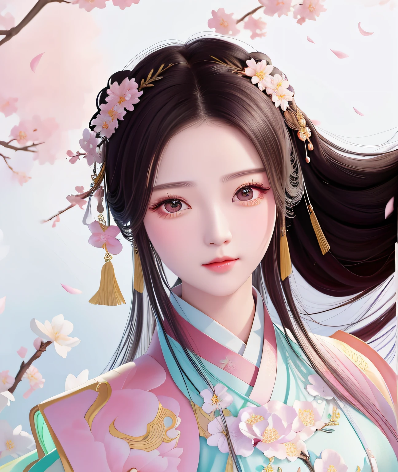 A woman in Hanfu with a jasmine flower in her hair and jasmine flowers in the background, a girl in Hanfu, beautiful Hanfu painting, ancient Chinese princess, Guwiz style artwork, beautiful fantasy queen, Hanfu, Chinese princess,