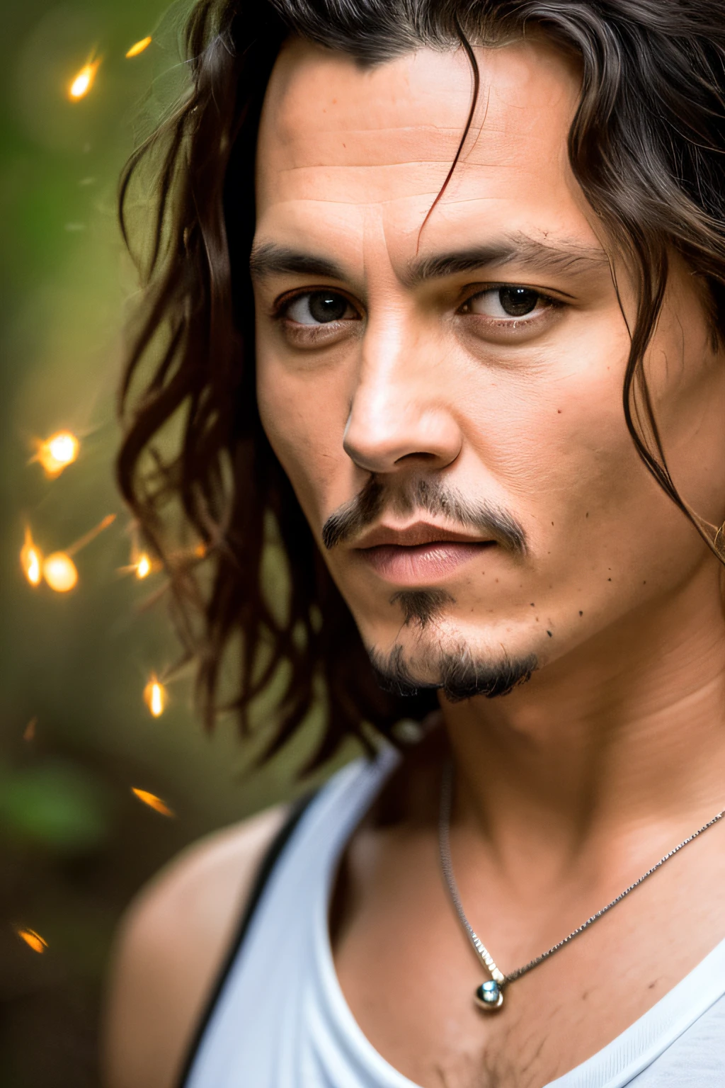 masterpiece, {{{25 years old}}} johnny depp walking through the jungle (night among fireflies), (high detail:1 1), cute young man, wearing a tank top, rough face, natural skin, high quality, nsfw, beautiful eyes, (detailed face and eyes), (face: 1 2), noise, extra, real photo, PSD, lamp film photography, sharp focus, contrast lighting, detailed skin, high resolution 8k, crazy detail, realistic, professional photography, 8k UHD, SLR camera, soft lighting, high quality, film grain, Fujifilm XT3