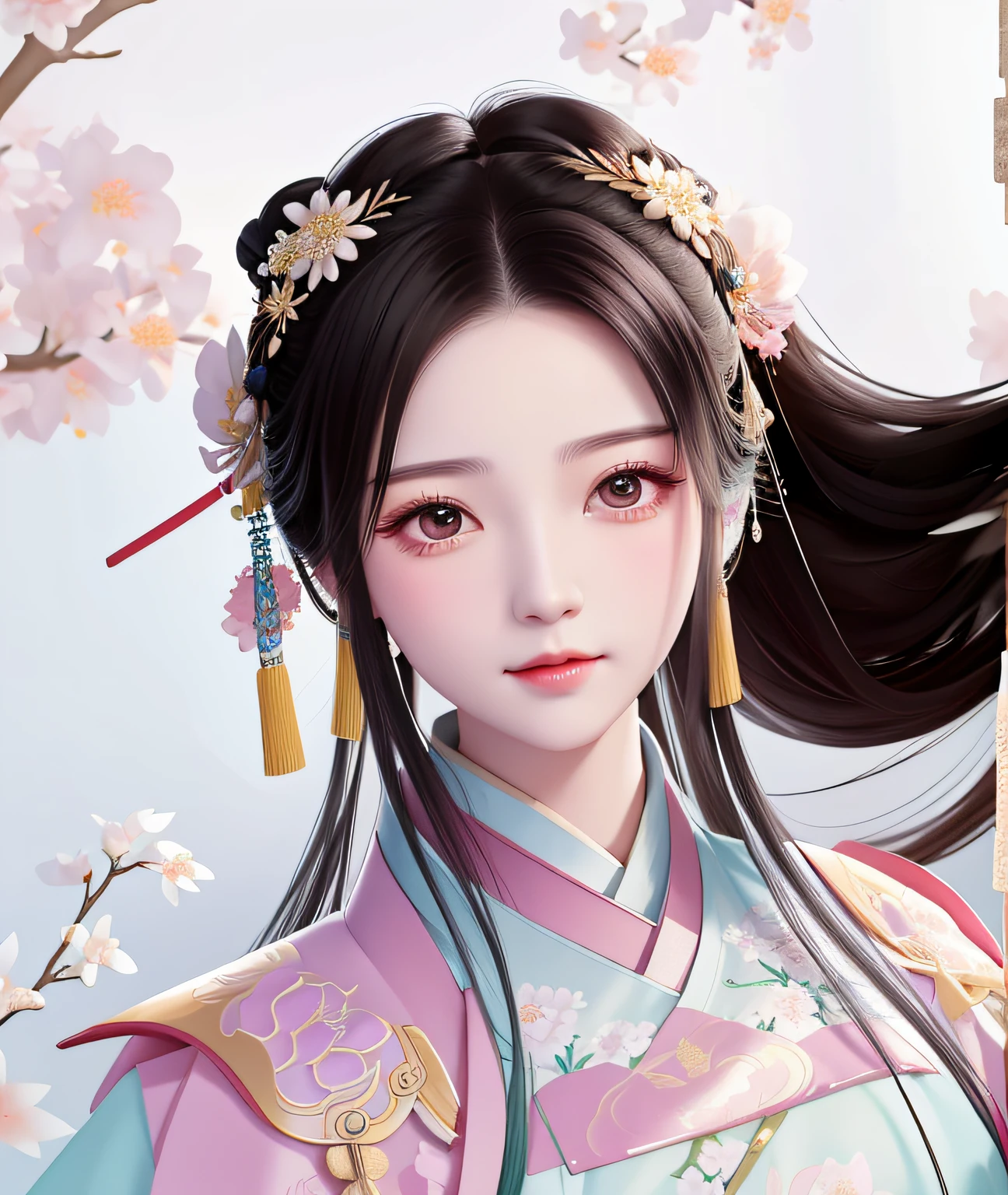 A woman in Hanfu with a jasmine flower in her hair and jasmine flowers in the background, a girl in Hanfu, beautiful Hanfu painting, ancient Chinese princess, Guwiz style artwork, beautiful fantasy queen, Hanfu, Chinese princess,