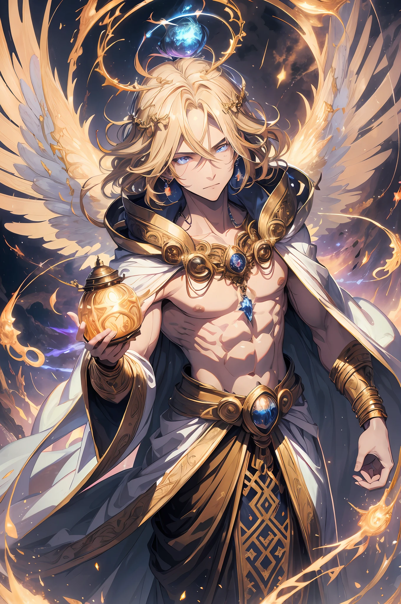 (absurdres, highres, ultra detailed, HDR), masterpiece, best quality, a boy in white robe with a lantern, golden lantern, BREAK, solo, long hair, blonde hair, golden eye, glowing eye, finely eyes and detailed face, tall and muscular, bare pectoral, earring and accessory, angel wing, archangel, full body, background in heaven, fantasy, celestial, dramatic sky, glow, bloom, swirl, spark, magic vortex, ray, gold aura, battle pose