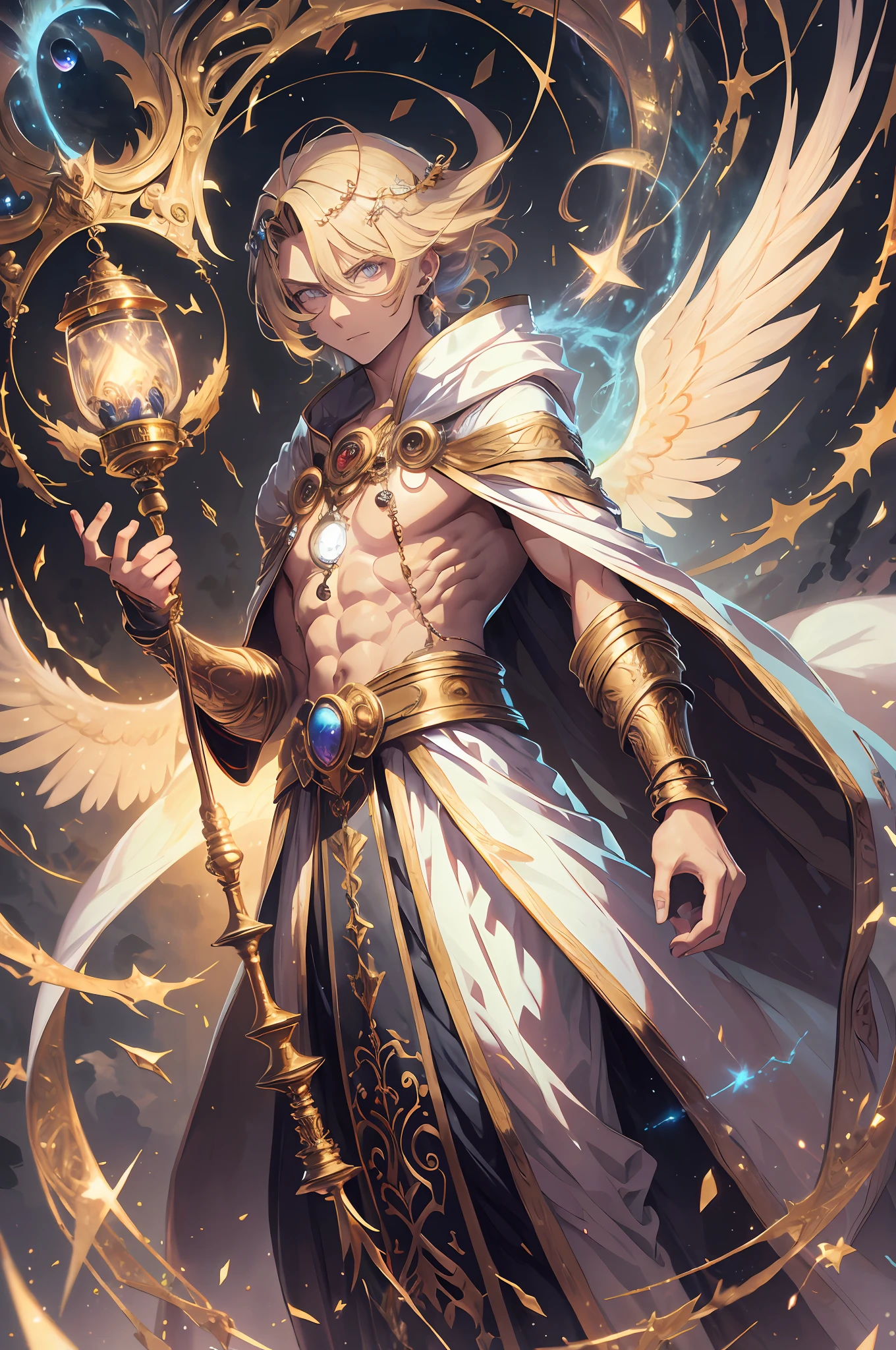 (absurdres, highres, ultra detailed, HDR), masterpiece, best quality, a boy in white robe with a lantern, golden lantern, BREAK, solo, long hair, blonde hair, golden eye, glowing eye, finely eyes and detailed face, tall and muscular, bare pectoral, earring and accessory, angel wing, archangel, full body, background in heaven, fantasy, celestial, dramatic sky, glow, bloom, swirl, spark, magic vortex, ray, gold aura, battle pose
