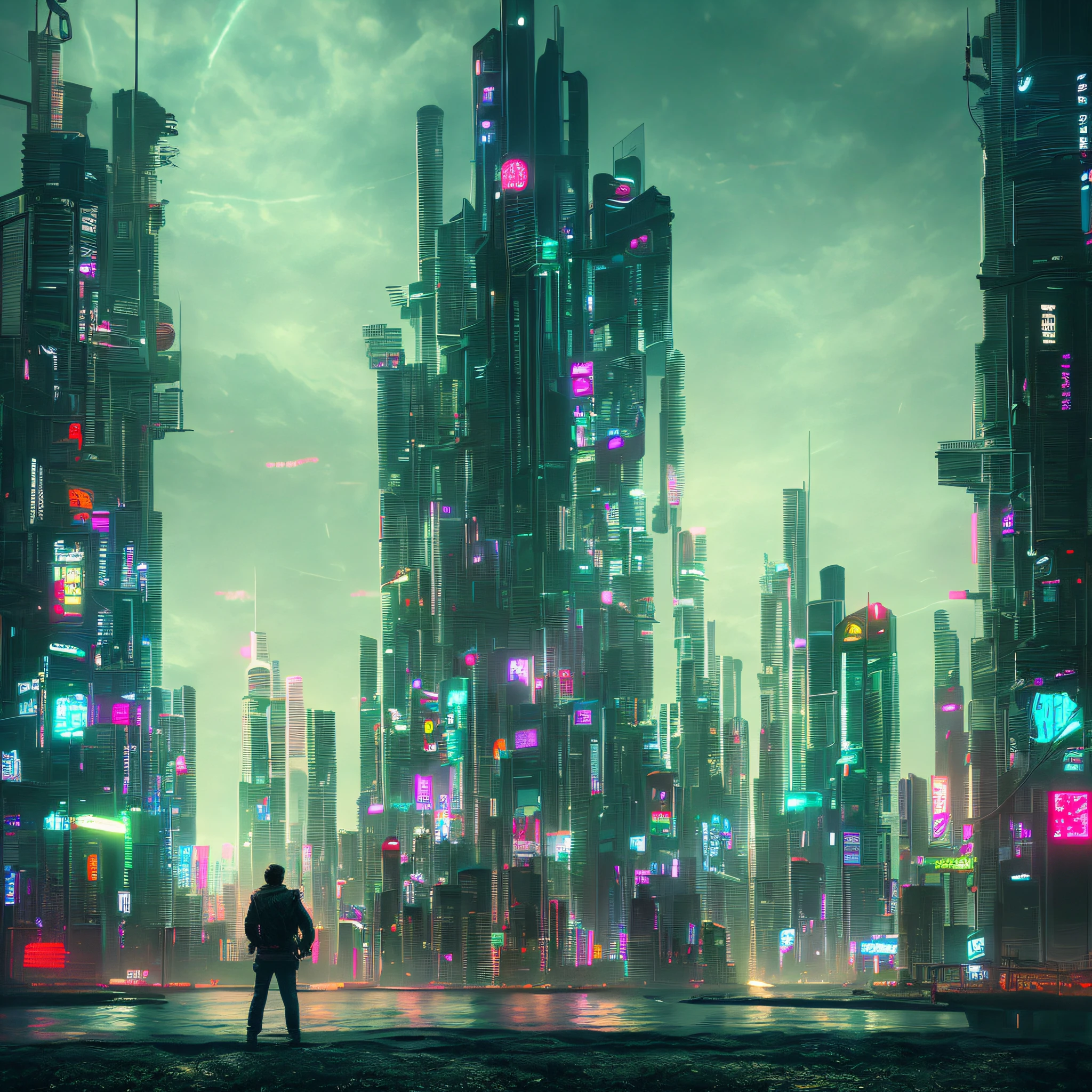 cyberpunk city, seashore, storm, dark tower going into the sky, gray sky, landscape, , dim lighting, realistic, beautiful, aesthetically pleasing