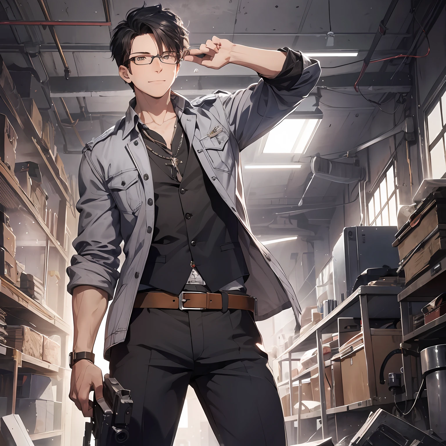 Absurd resolution, high resolution, (masterpiece: 1.4), hyper-detailed, young man messy black short hair glasses welder dressed up, looking straight ahead, excited expression