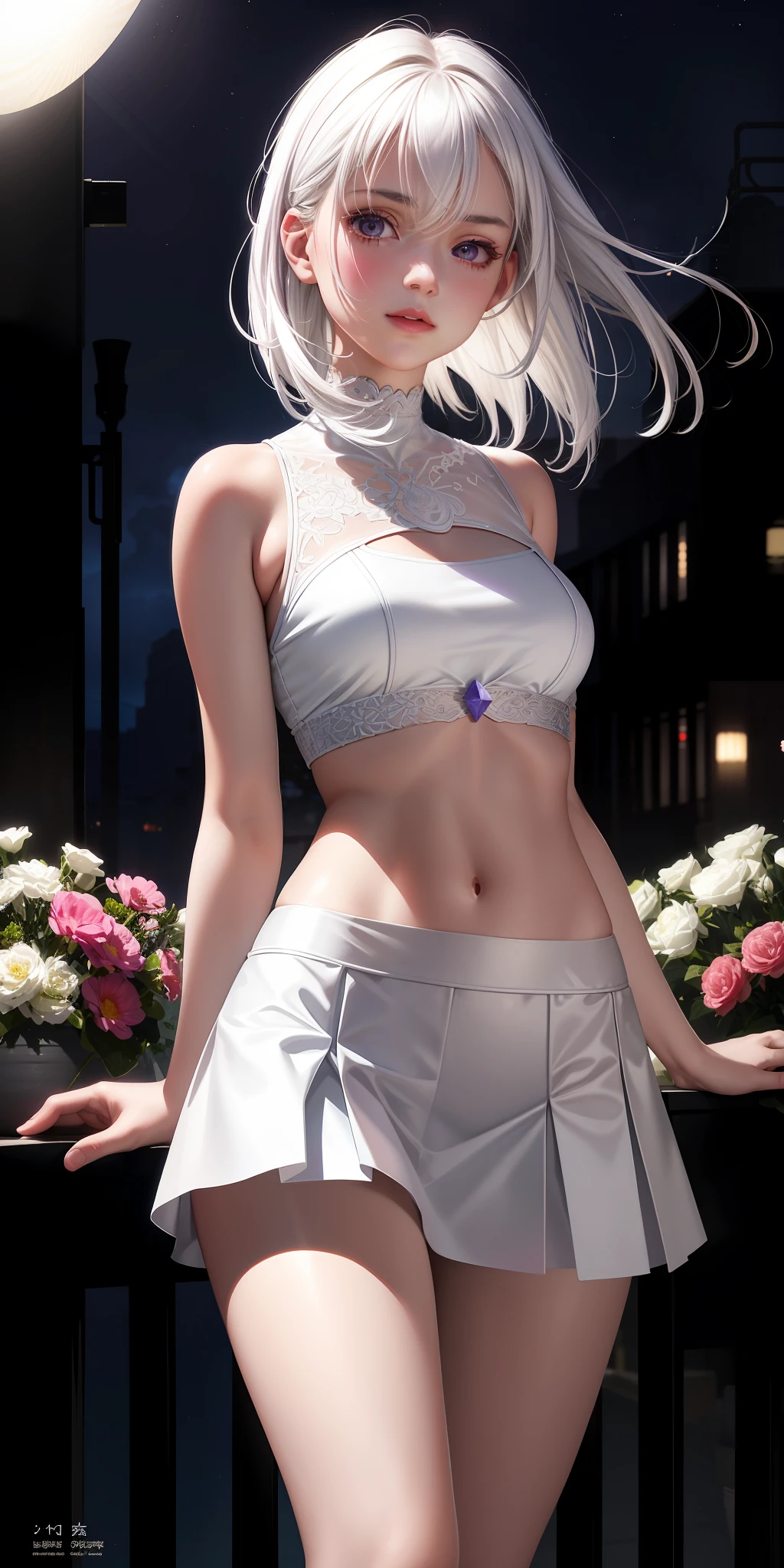 realistic, 1gay, white hair, purple eyes, bright eyes, cropped top, skirt, lips half-open, blush, night, flowers, sun, sunlight, transparent skirt, short skirt, short hair, real, warm colors, transparent short dress, transparent clothes, light background color, daytime environment, bright color background, saudi, ocean, cute,