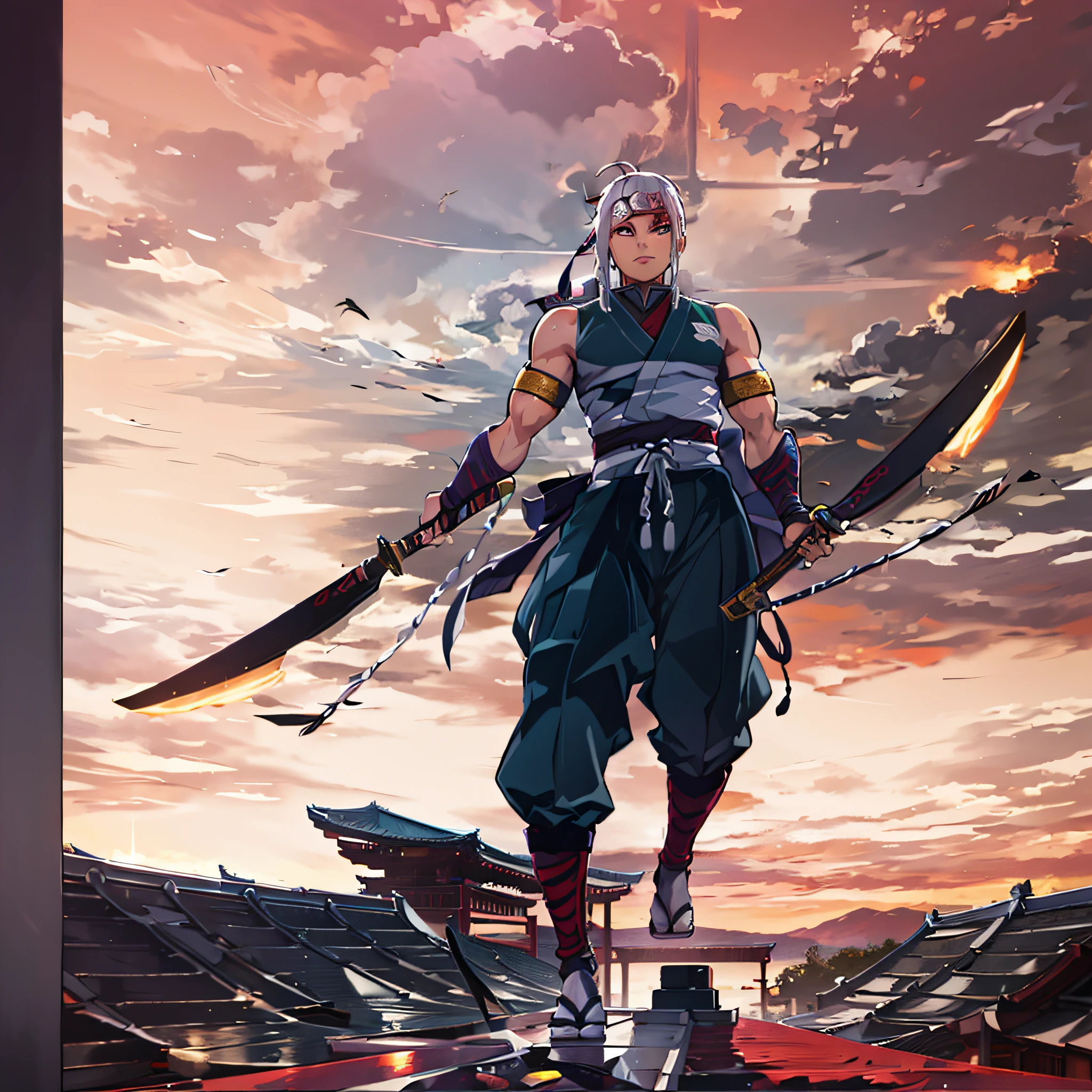 a man standing on a rooftop, japanese, shinobi, tengen uzui, ultra detailed, high quality