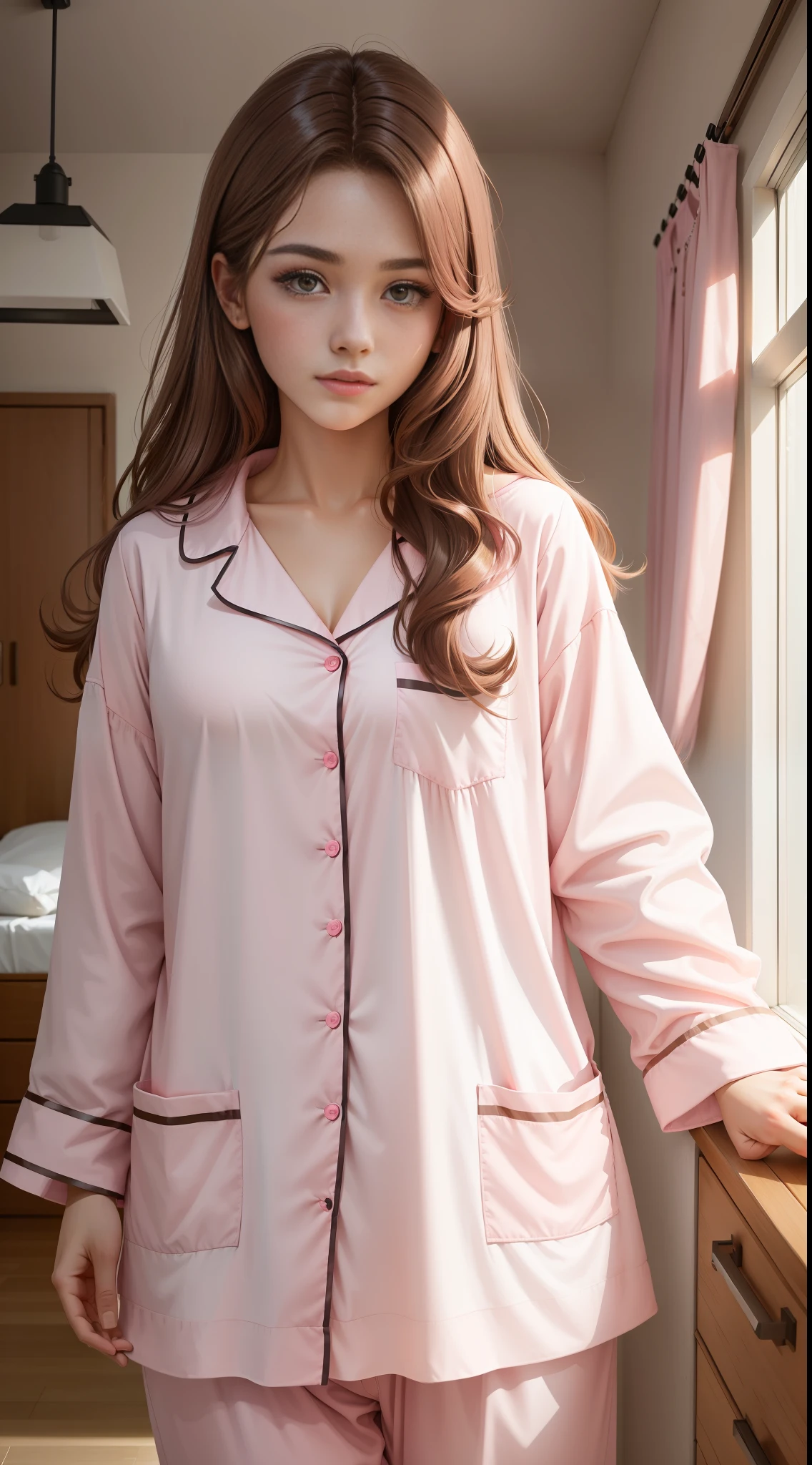 ((22 years old), (brown hair + pink pajamas)), (realistic, HD quality, soft light, comfortable indoor environment,)