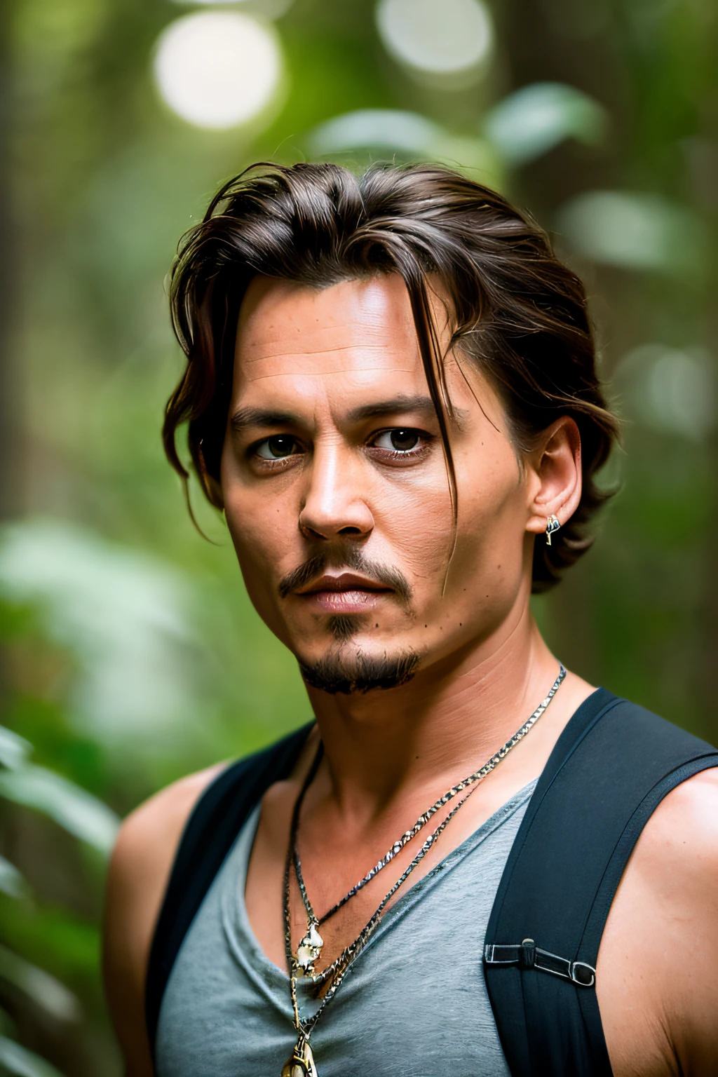 masterpiece, {{{25 years old}}} johnny depp walking through the jungle (night among fireflies), (high detail:1 1), cute young man, wearing a tank top, rough face, natural skin, high quality, nsfw, beautiful eyes, (detailed face and eyes), (face: 1 2), noise, extra, real photo, PSD, lamp film photography, sharp focus, contrast lighting, detailed skin, high resolution 8k, crazy detail, realistic, professional photography, 8k UHD, SLR camera, soft lighting, high quality, film grain, Fujifilm XT3