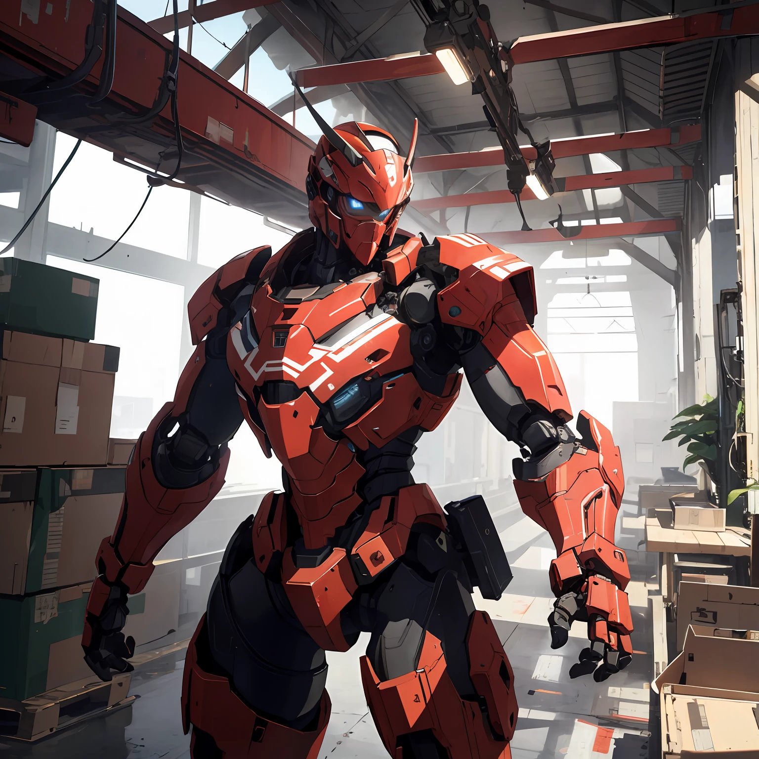 Absurd resolution, high resolution, (masterpiece: 1.4), hyper-detail, a mech, red armor, factory interior, robotic arm manufacturing,