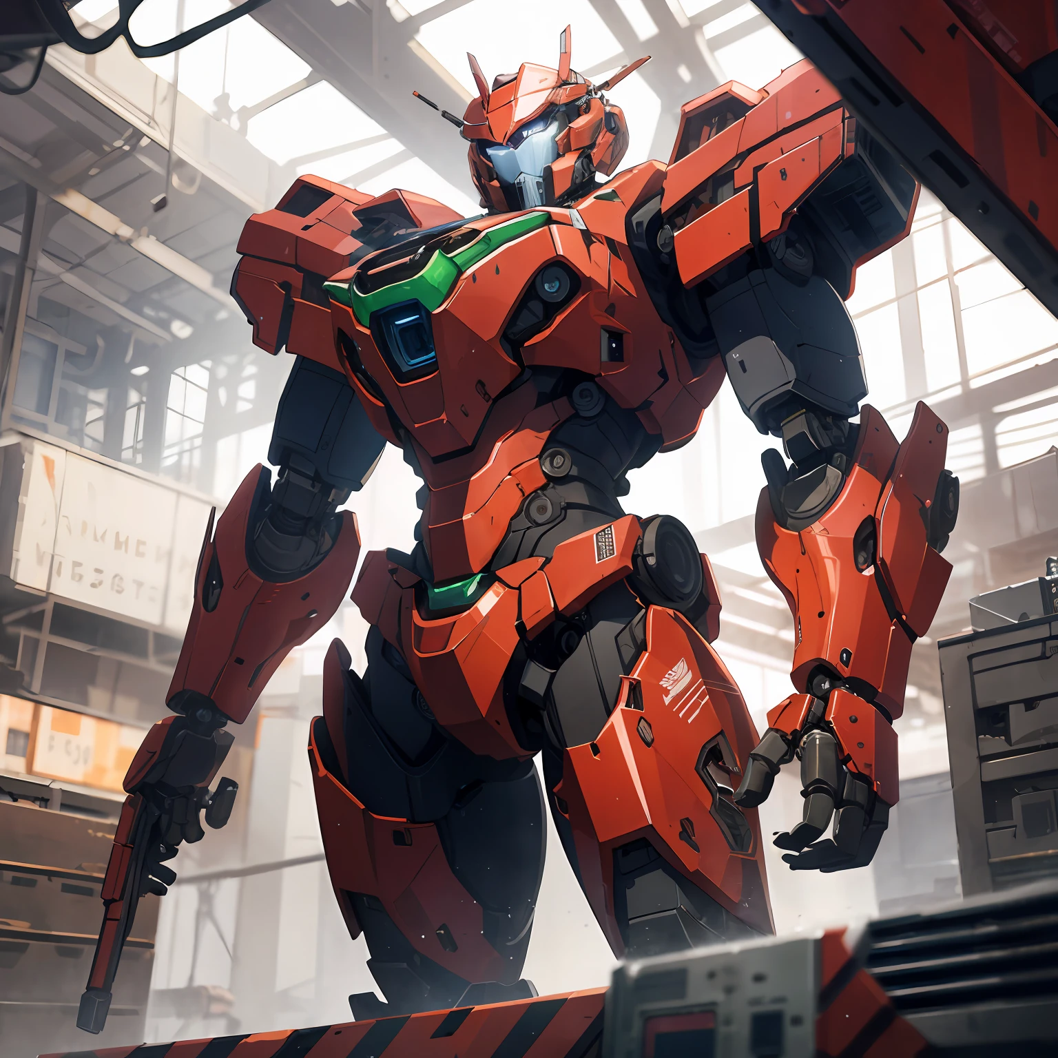 Absurd resolution, high resolution, (masterpiece: 1.4), hyper-detail, a mech, red armor, factory interior, robotic arm manufacturing mecha
