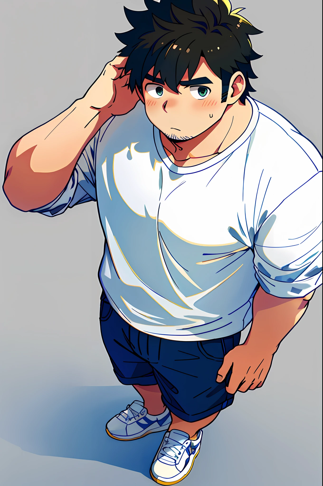 1man,masterpiece best quality, Chubby, Belly, Round face, from above, messy hair,, Casual clothes, Simple white background