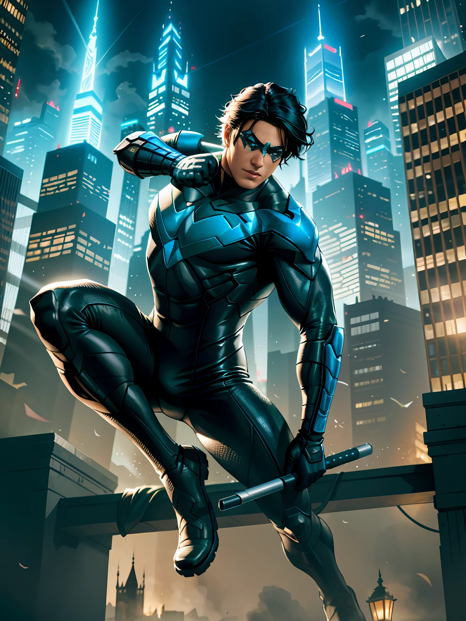 Here's an optimized prompt based on Stable Diffusion:
"Expertly executed, high quality render of a dynamic, action-packed scene featuring Nightwing. He's seen acrobatically flipping towards the camera in a confident and stylish pose, emphasizing his sleek and powerful movements. Projections of Gotham's skyline loom in the background, adding to the atmosphere of the piece. Stunning and detailed lighting and shadow effects are used to accentuate the dramatic mood of the image."