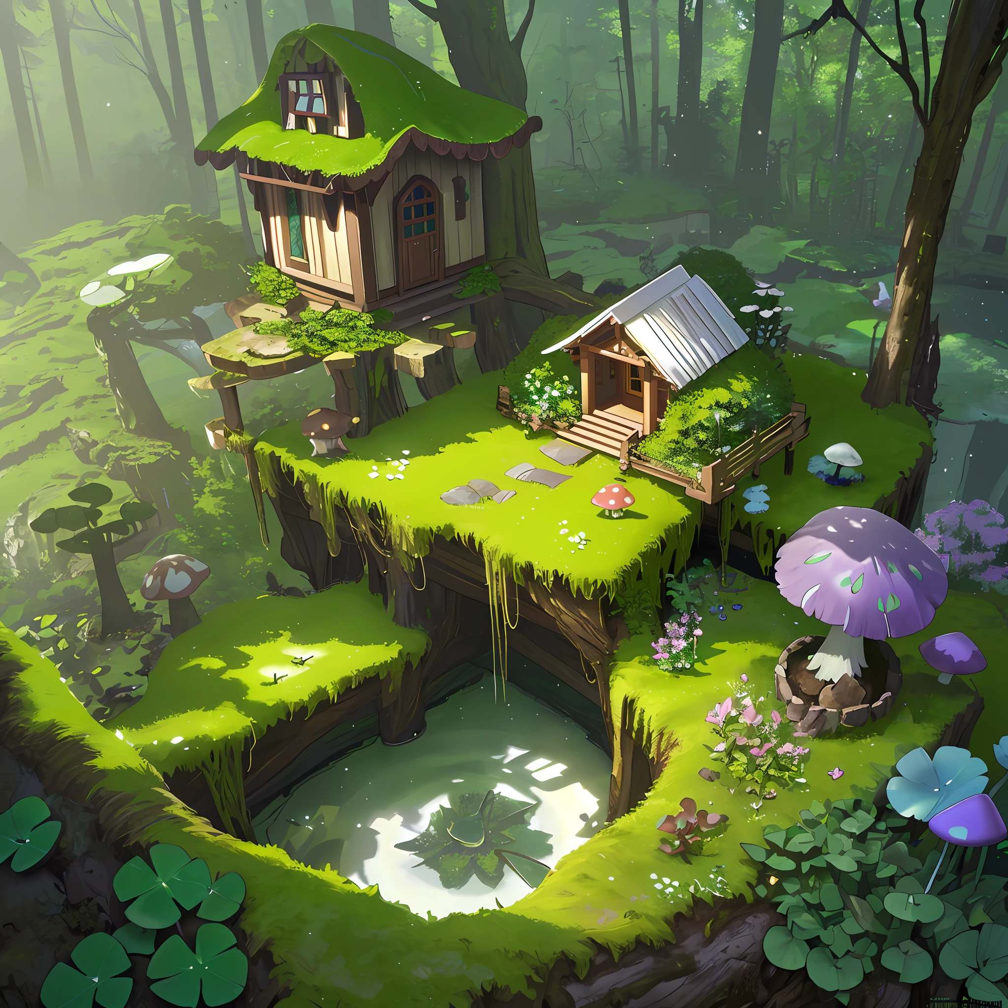 masterpiece, best quality, (extremely detailed CG unity 8k wallpaper), (best quality), (best illustration), (best shadow), A mushroom house covered with moss,dew,timbo,creek,firefly,clover,wtarlight surrounds the room,petal, isometric 3D, octane render,ray tracing,ultra detailed