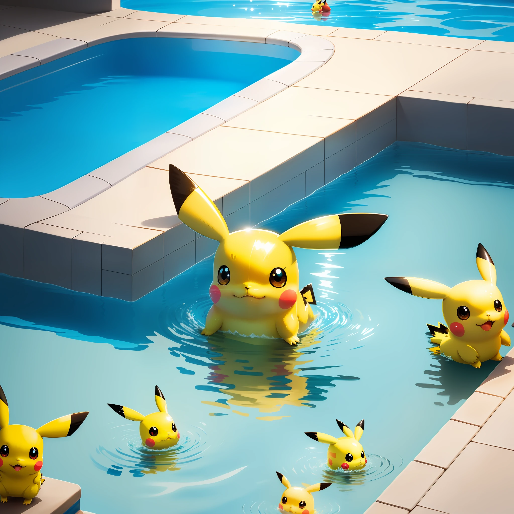 1 cute shiny Pikachu, pool, illustration, animation, 8K, upscale, cartoon, wallpaper, more details