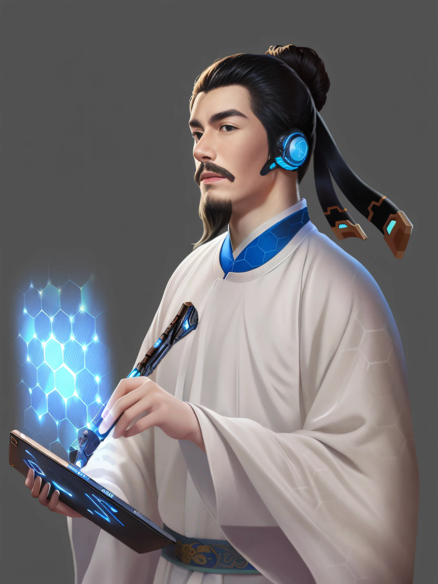 there is a man with a beard and a headband holding a tablet, heise jinyao, inspired by Cao Zhibai, bian lian, inspired by Dong Yuan, g liulian art style, inspired by Zhang Sengyao, inspired by Chen Daofu, inspired by Huang Ding, olchas logan cure liang xing, taoist priest