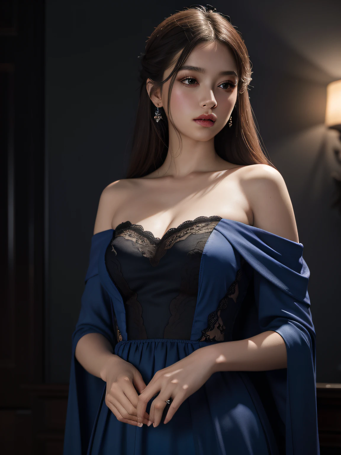 8k, UHD, HDR, Best quality, masterpiece, ultra high res, (photorealistic:1.4), raw photo, 1girl, royal blue dress, offshoulder, in the dark, deep shadow, caustics, looking at the viewer with a serene bliss, diffused light