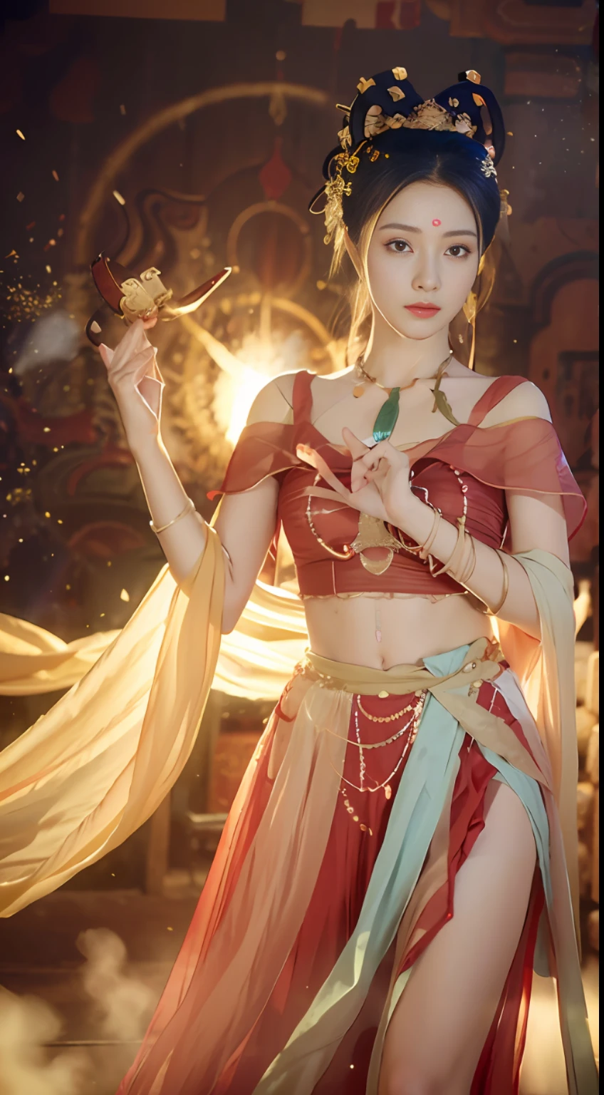 (8k, RAW photo, best quality, masterpiece:1.2), (realistic, photo-realistic:1.4), (extremely detailed CG unity 8k wallpaper), (1 girl:1.5), Western beauty, (Red clothes: 1.4), red spots on forehead, pale skin, blush, big eyes, full body, thighs, open navel, gold waist chain, gold jewelry, flying ribbons, particles, background is Loulan ancient city, ancient city wall, desert, dance, dunhuang_dress, dunhuang_style,