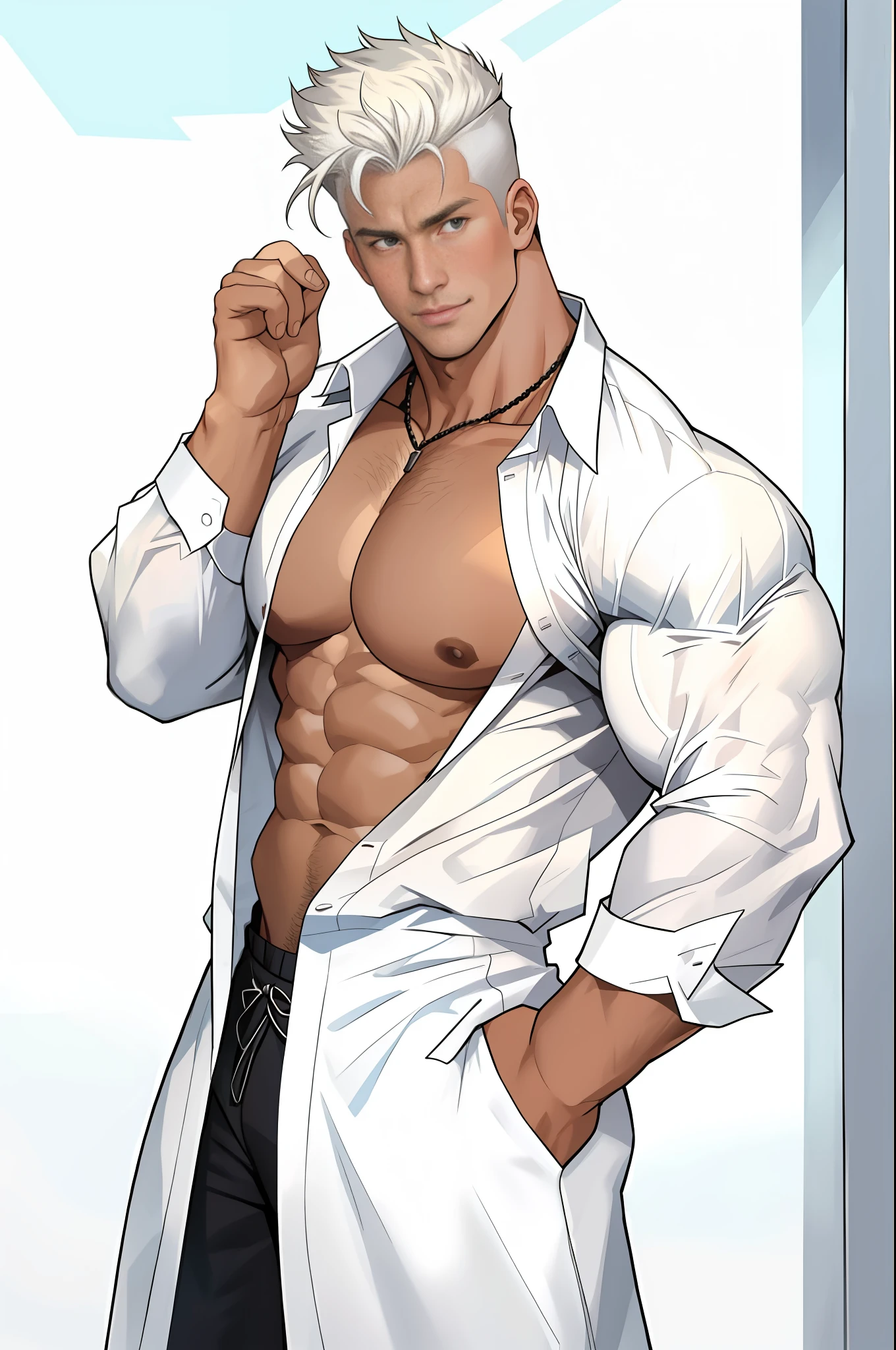 a man in a white shirt posing for a picture, open v chest clothes, full subject shown in photo, detailed white, muscular! white, in billy herrington body, intense details, viktor deni, male model, white clothing, white body, intense detail, full length shot, robust stocky body, lean man with light tan skin, open shirt