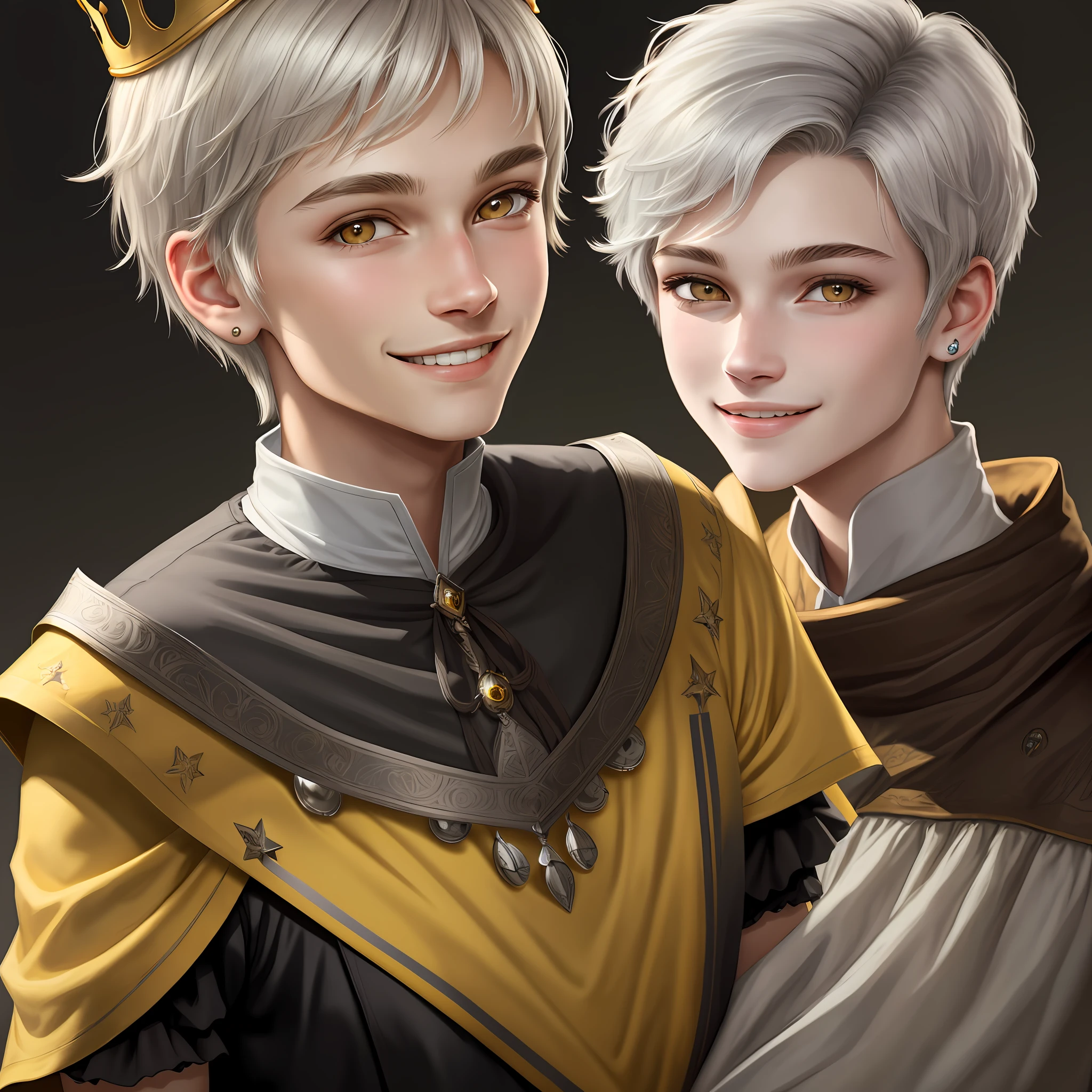 High definition,2, portrait, young guy, 18 years old, light gray hair, short haircut, yellow eyes, smiling, crown, young woman dark hair, realism, fantasy