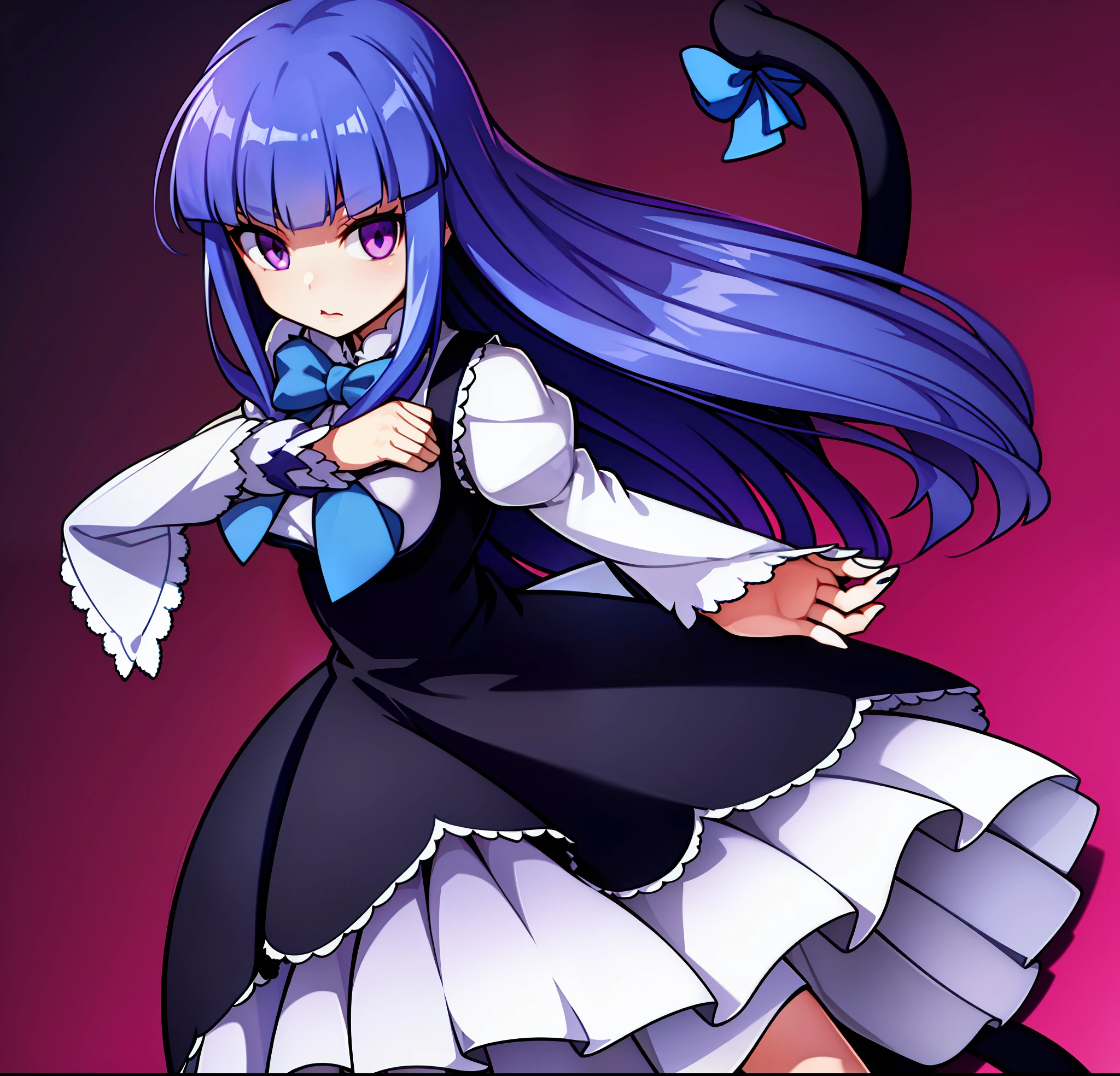 1girl, frederica bernkastel, bangs, blue bow, blue hair, blunt bangs, bow, breast hold, cat tail, crossed arms, dress, long hair, long sleeves, purple eyes, simple background, solo, tail bow, tail ornament, tail raised, tail ribbon