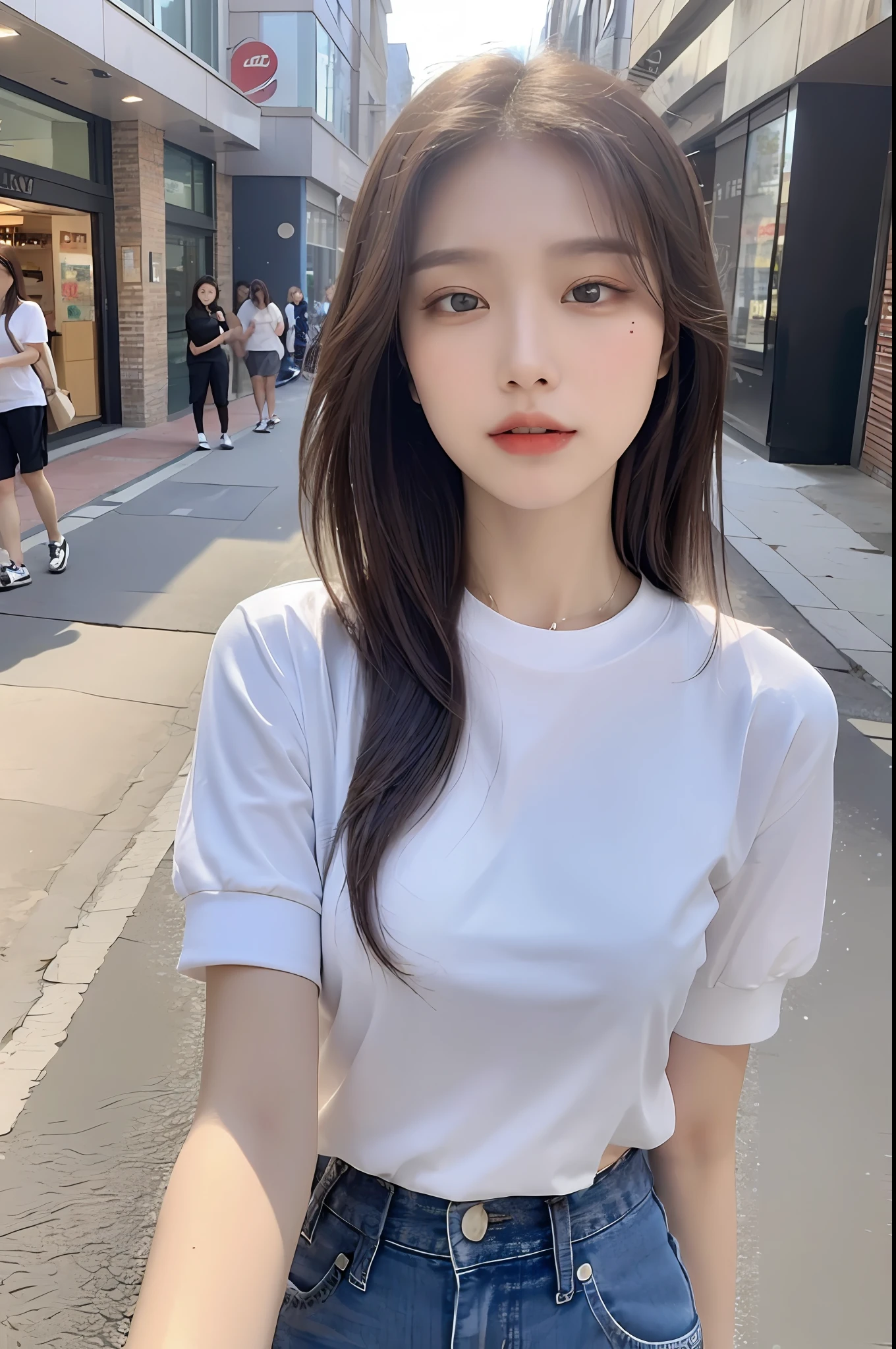 ((Best Quality, 8K, Masterpiece: 1.3)), (Single: 1.5), (Light Makeup: 1.3), Focus: 1.2, Perfect Body Beauty: 1.4, Buttocks: 1.2, (Layered Haircut: 1.2)), , (Shopping Street: 1.3), Highly Detailed Face and Skin Texture, Full Body, Fine Eyes, Double Eyelids, Whitened Skin, Long Hair, (Round Face: 1.5), (Short Sleeves, Shorts: 1.6)