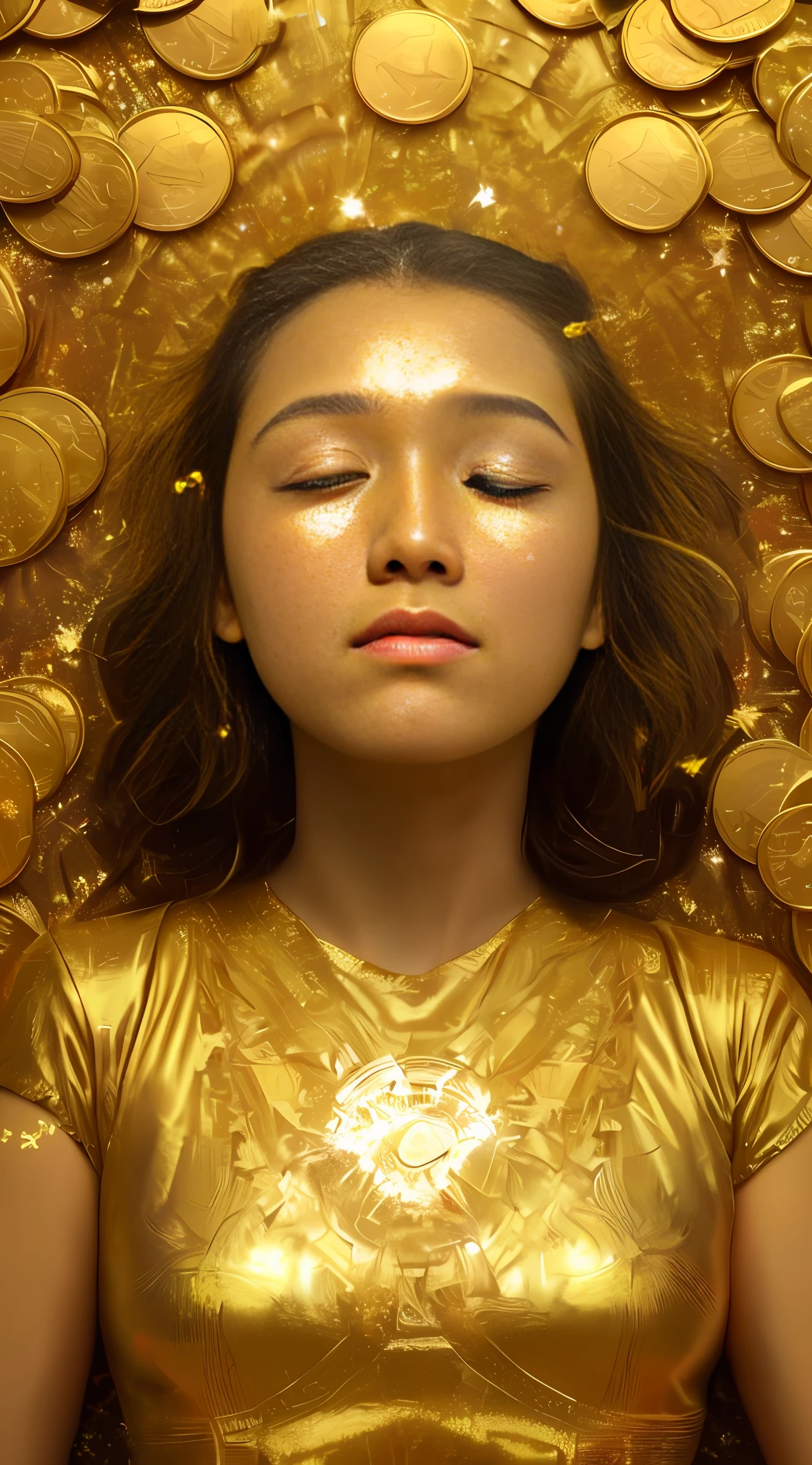 Art Photo, a photograph of a crying young woman plastered with dollar gold coins, overhead shot, dazzling sunlight, intricate, flashy, translucent, medium scene, grotesque art style, extremely creative, simple and mysterious, high quality, 8k