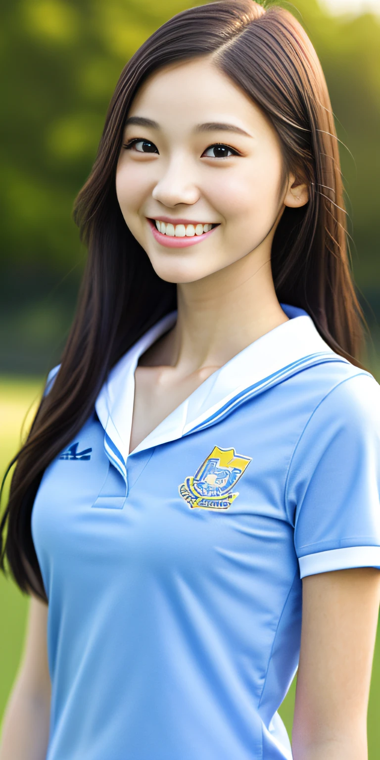 neat college girl, petite, (school uniform, summer clothes, short sleeves), outside the athletic field, (slim), photorealistic, detail, skin texture, ultra detail, delicate and sexy collarbone, smile, super detailed face, detailed lips, detailed eyes, double eyelids