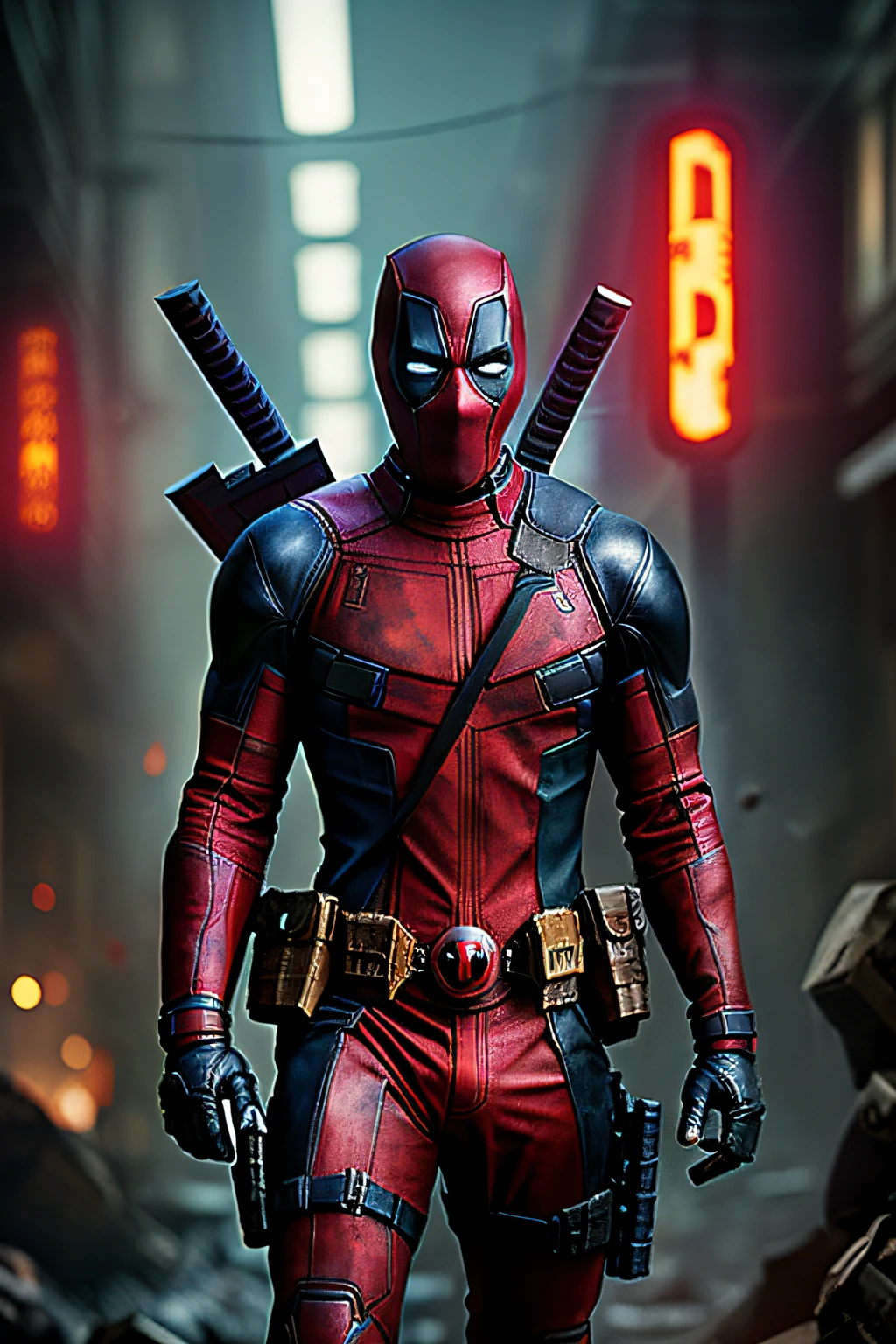 Deadpool Irom Man, Armor, Glowing Eye, ((Full Body, Bottom)), Solo, Dark Camera, Dim Light 
Muted color, realisticphotorealistic
Depth of field 
Jeremy Mann
  (masterpiece, best quality:1.3),
