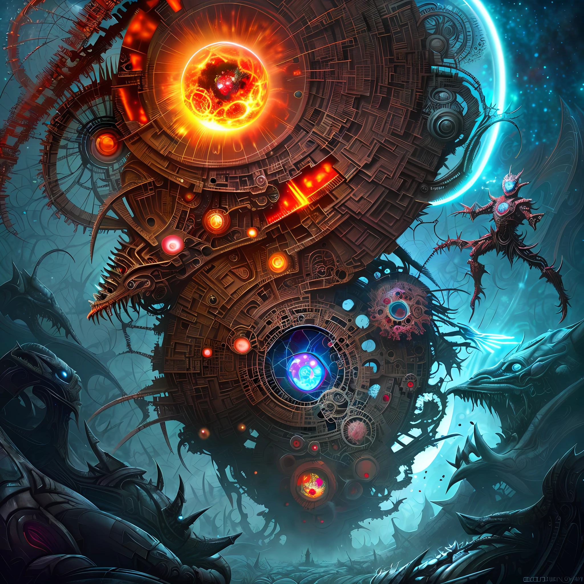 Place of Horror in the Quantum Realm. Mechanical biomorphism, horror art. Intricate detail, maximalist perfect illustration, digital painting art