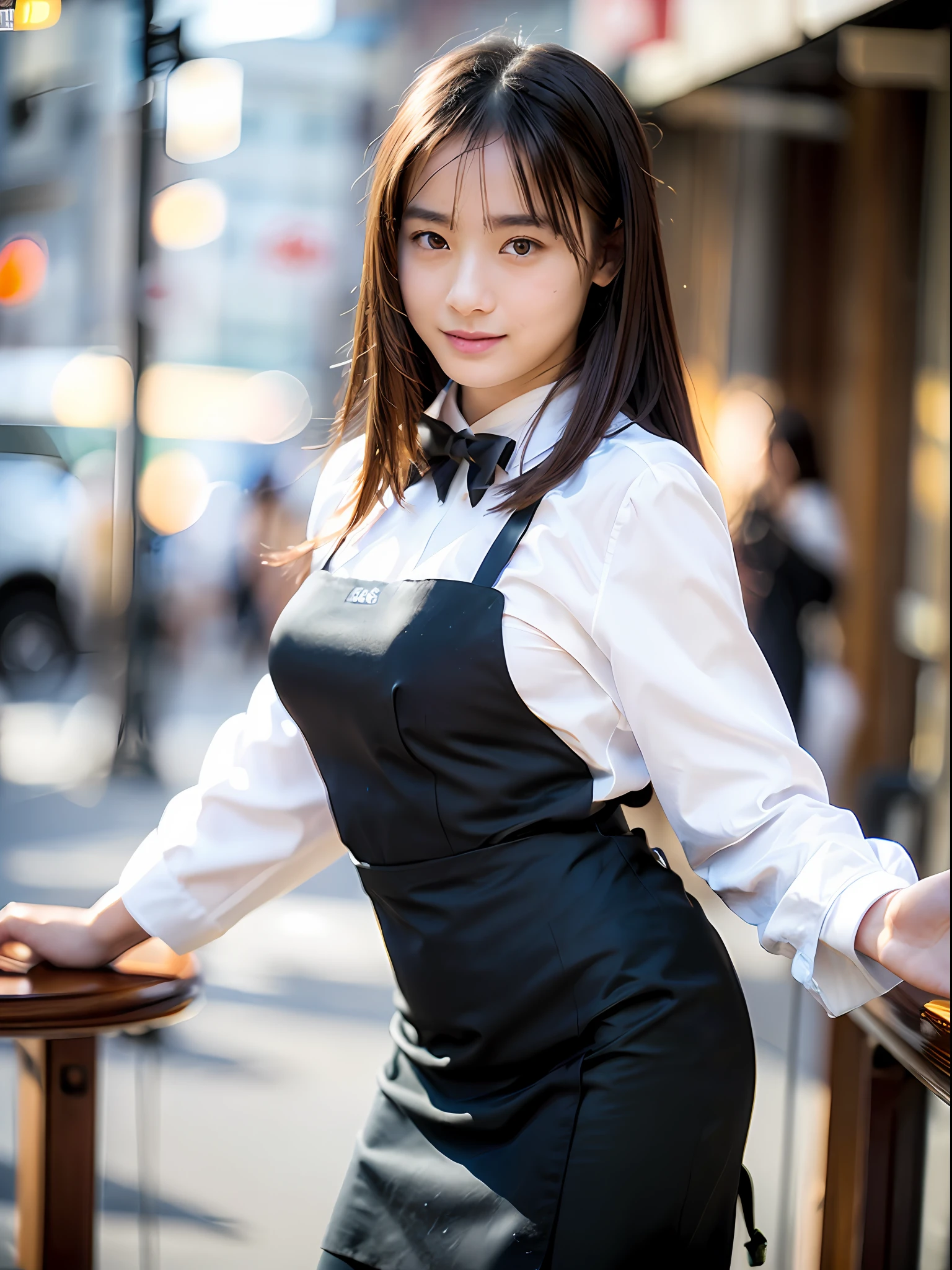 Highly detailed full body dark green apron, black bow tie, (((extreme close-up)), (pale), 18 year old perfect face girl, big breasts, girl alone, solo, (detailed face), (perfect detailed eyes: 1.1), (very detailed skin: 1.1), sliver necklace, slim, skinny, thin, skinny, skinny, handsome, waiter, perfect athletic body, white shirt, Model Shoot Style, Professional Photo, Photorealistic, Cinematic, Realistic, Sunset, Cafe Background, Real Human Skin, (Detailed Skin Pore), Highly Detailed Eyes, Detailed Skin, Skin Texture, Intricately Detailed, Fine Detail, Raw, Analog, Sharp Focus, Raw, 8K UHD, High Resolution, DSLR, High Quality, Fujifilm XT3, Award-Winning, Masterpiece, Cafe, (dancing in the meadow), (high definition skin: 1.4), (RAW photo, highest quality), (realistic, photorealistic: 1.7), smile, cute pose, , --s2