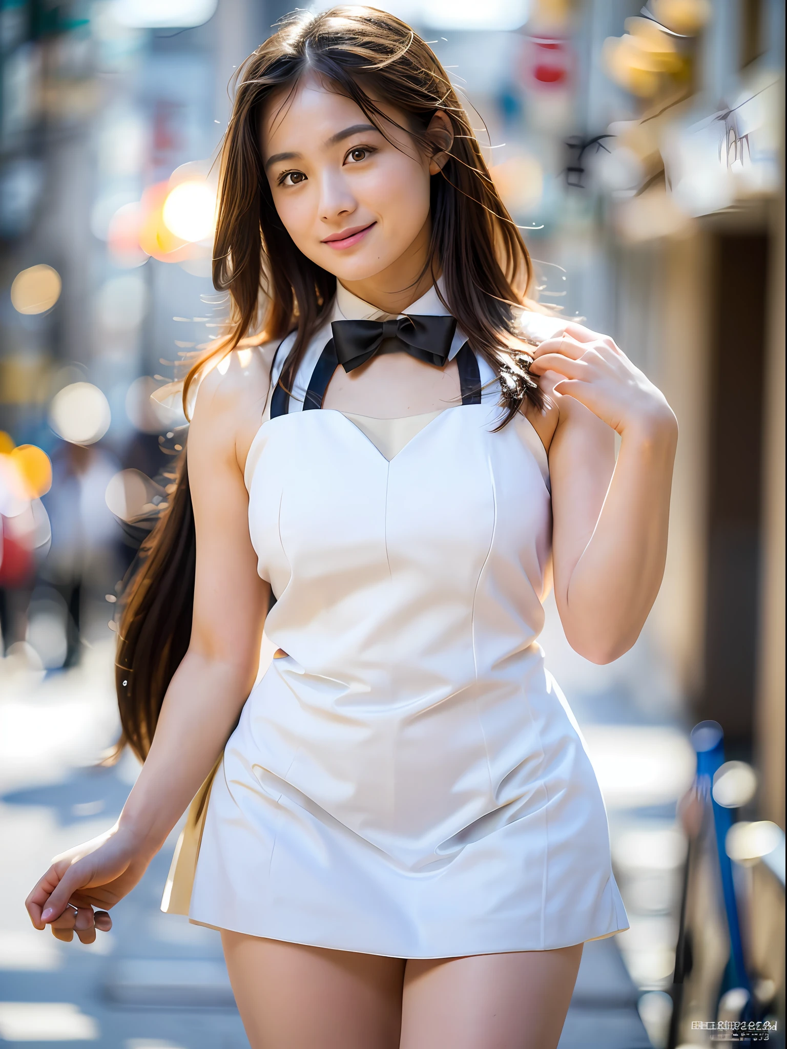 Highly detailed full body dark green apron, black bow tie, (((extreme close-up)), (pale), 18 year old perfect face girl, big breasts, girl alone, solo, (detailed face), (perfect detailed eyes: 1.1), (very detailed skin: 1.1), sliver necklace, slim, skinny, thin, skinny, skinny, handsome, waiter, perfect athletic body, white shirt, Model Shoot Style, Professional Photo, Photorealistic, Cinematic, Realistic, Sunset, Cafe Background, Real Human Skin, (Detailed Skin Pore), Highly Detailed Eyes, Detailed Skin, Skin Texture, Intricately Detailed, Fine Detail, Raw, Analog, Sharp Focus, Raw, 8K UHD, High Resolution, DSLR, High Quality, Fujifilm XT3, Award-Winning, Masterpiece, Cafe, (dancing in the meadow), (high definition skin: 1.4), (RAW photo, highest quality), (realistic, photorealistic: 1.7), smile, cute pose, , --s2