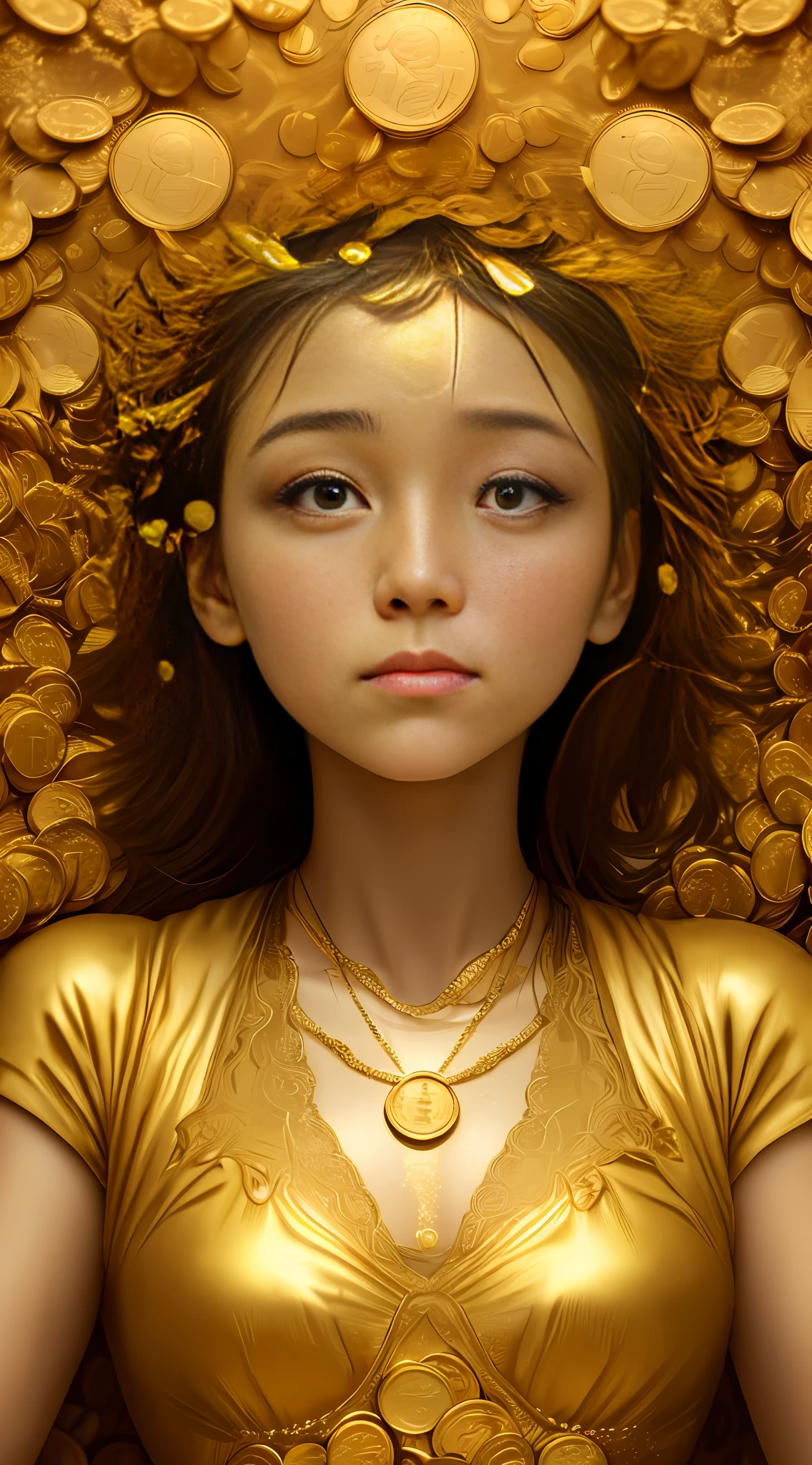 Art Photo, a photograph of a crying young woman plastered with dollar gold coins, overhead shot, dazzling sunlight, intricate, flashy, translucent, medium scene, grotesque art style, extremely creative, simple and mysterious, high quality, 8k