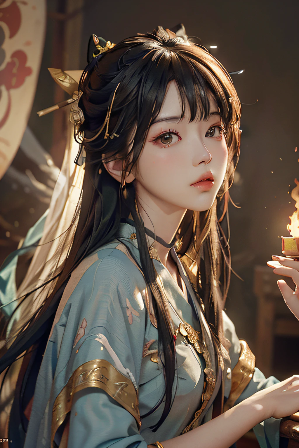 (RAW photo, best quality), (realistic, photo-realistic:1.3), best quality, highly detailed, masterpiece, ultra-detailed, illustration, 1girl, upper_body, dynamic angle, world mastery theater, messy_long_hair,浮动发丝,best quality, extremely detailed CG unity 8k壁纸,水墨,惊人,电影灯光,lens_flare,dunhuang_style
