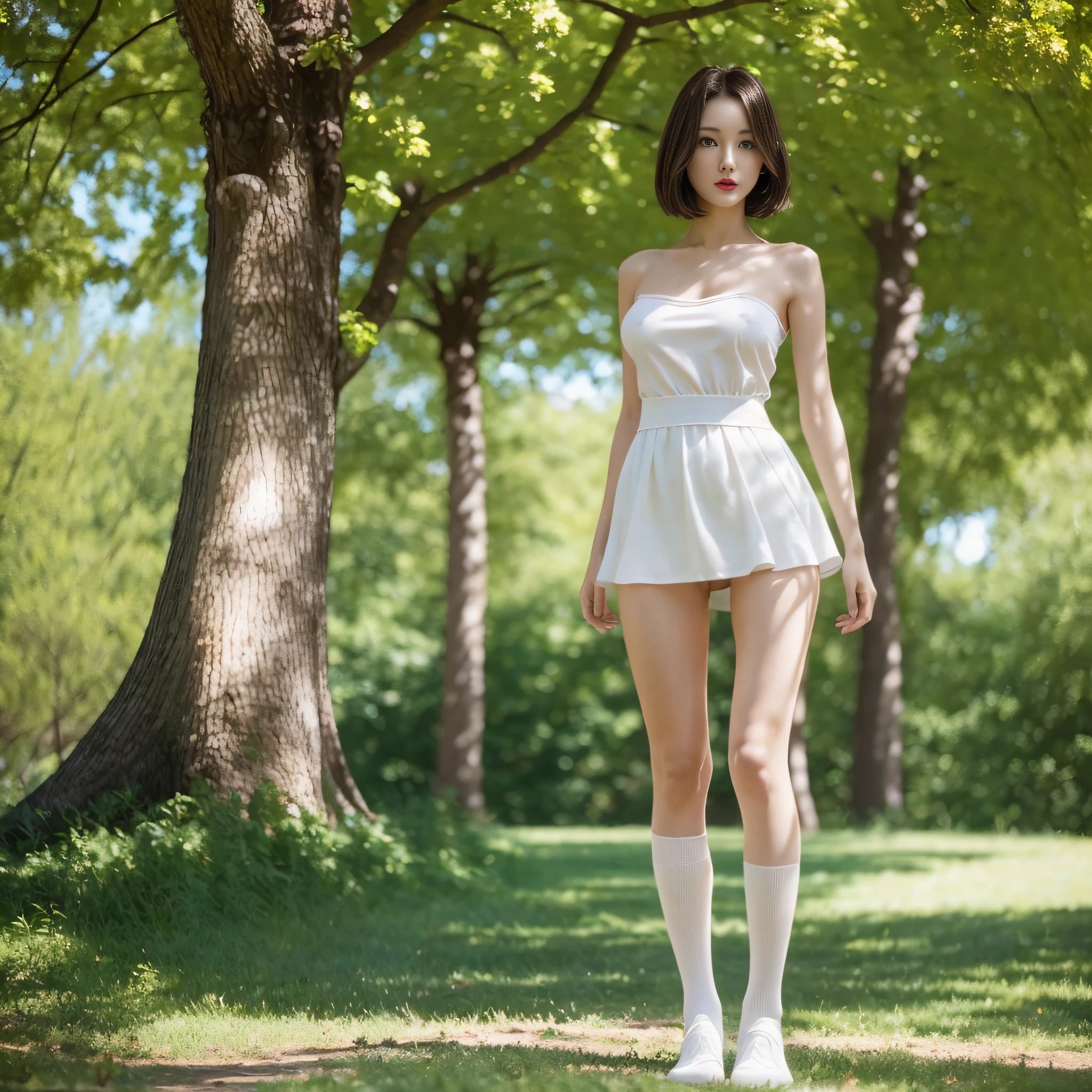 (1 girl), (naked, bare shoulders, medium breasts, standing under a tree), full body, slim figure, red lips, white socks