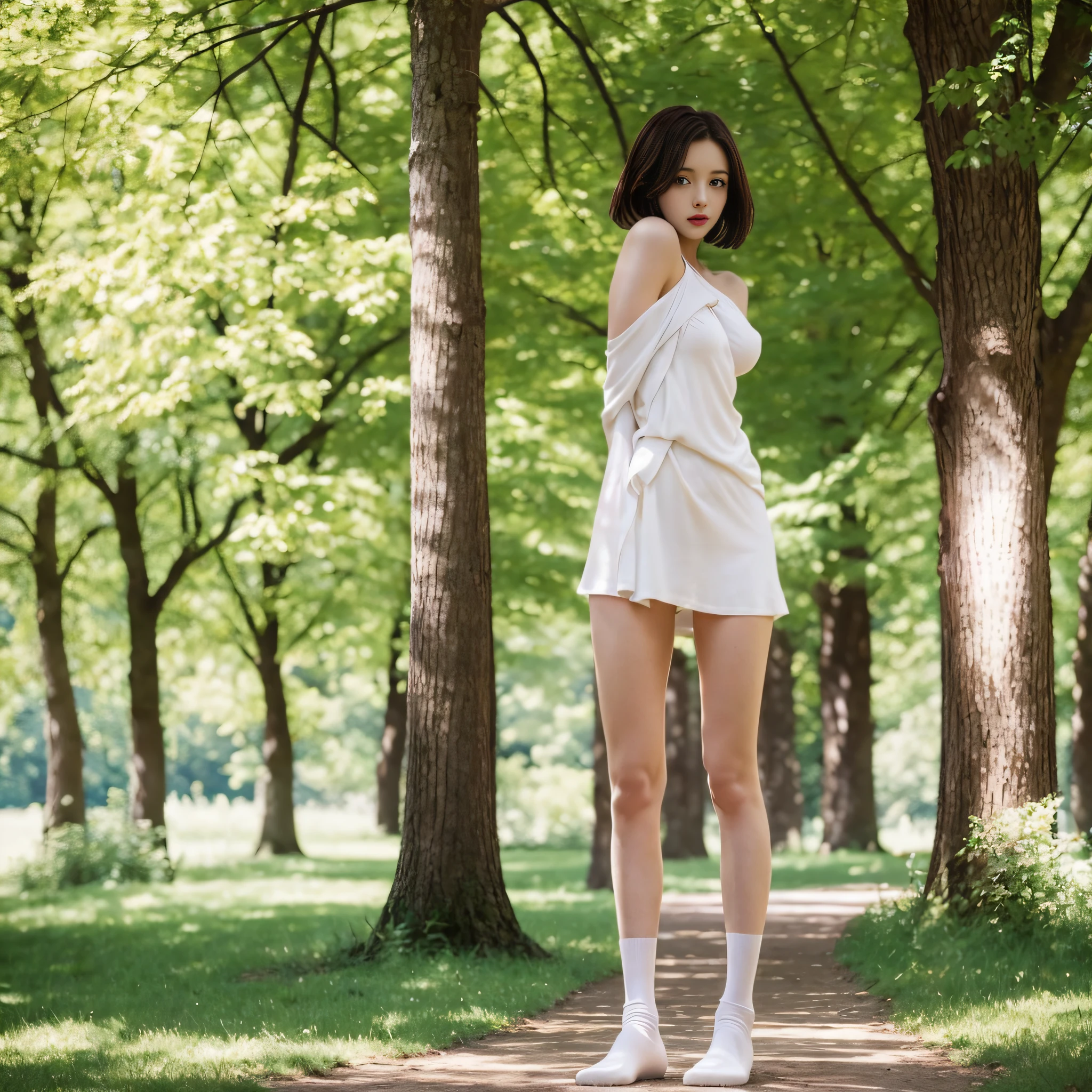 (1 girl), (naked, bare shoulders, medium breasts, standing under a tree), full body, slim figure, red lips, white socks