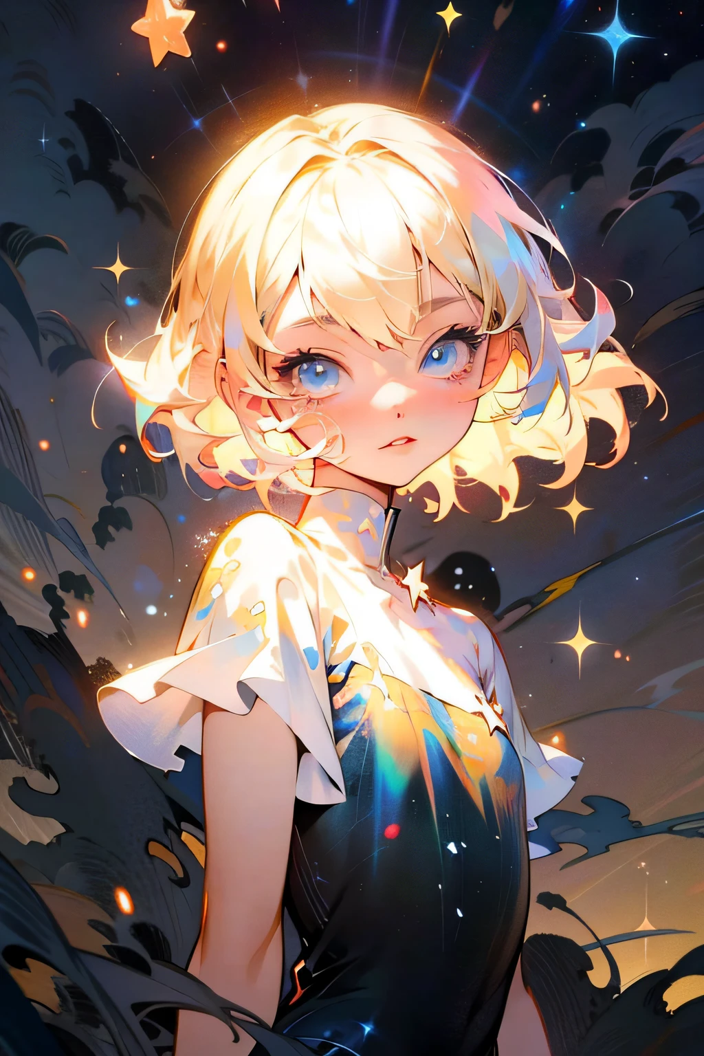 anime girl with blonde hair and blue eyes standing in front of a starr sky, anime style 4 k, digital art on pixiv, splash art anime , digital anime illustration, anime girl with cosmic hair, anime art wallpaper 4 k, anime art wallpaper 4k, blonde girl in a cosmic dress, anime art wallpaper 8 k, anime styled digital art