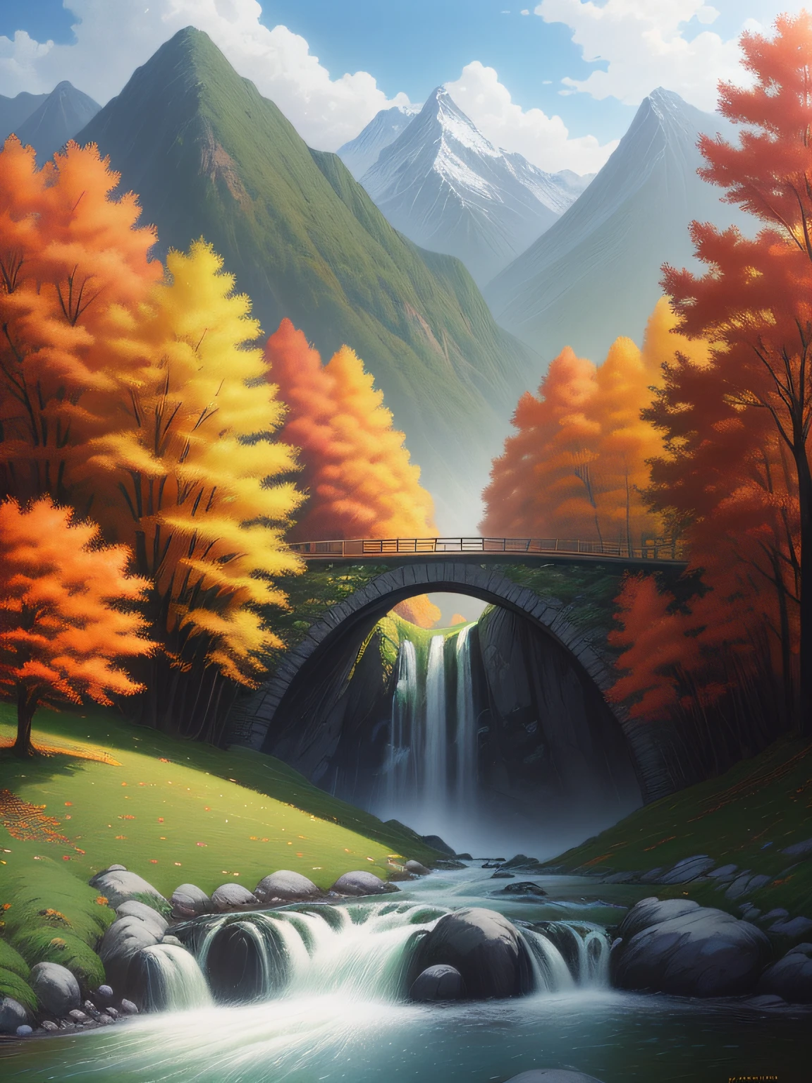 The atmosphere of early autumn is becoming more and more intense, and people in the outdoor scene begin to enjoy the beauty of autumn, go to the mountains and forests to enjoy autumn leaves, pick fruits, etc., and there is a strong and comfortable atmosphere of life, grainy matte painting, film graininess, landscape illustration, Studio Ghibli, Miyazaki's brushstrokes, high quality, realism, ray tracing, film lighting effects