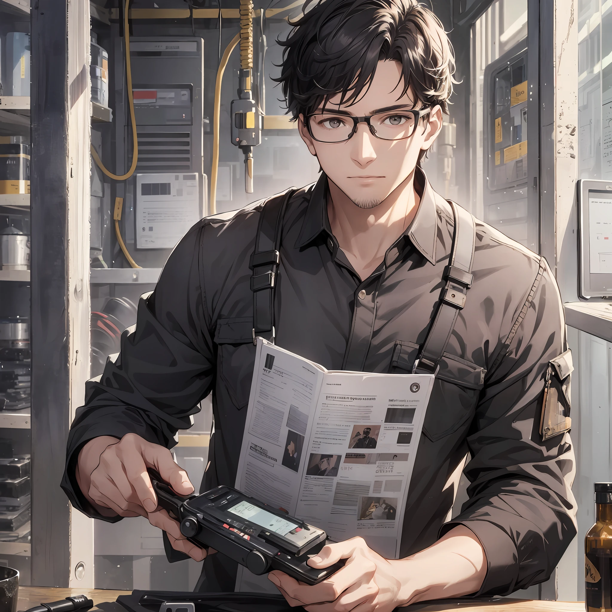 Absurd resolution, high resolution, (masterpiece: 1.4), hyper-detailed, young man messy black short hair glasses welder dressed up, holding a cell phone to answer the phone (1.3)