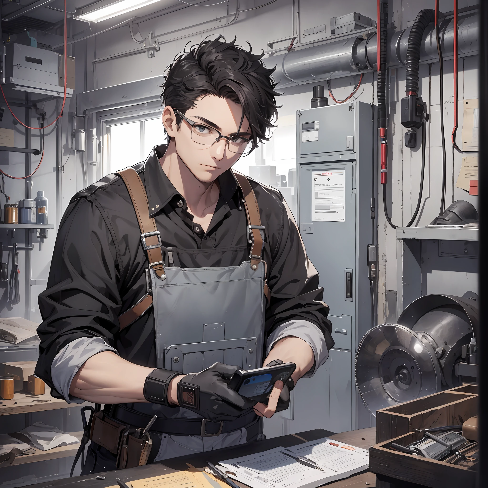 Absurd resolution, high resolution, (masterpiece: 1.4), hyper-detailed, young man messy black short hair glasses welder dressed up, holding a cell phone to answer the phone (1.3)