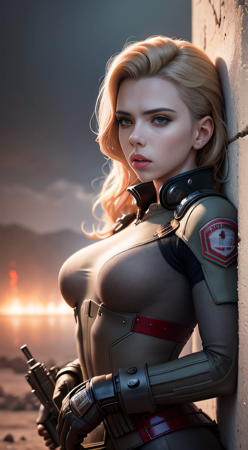 High-resolution surreal uniform beauty Scarlett Johansson, wandering in the war zone, high-intensity light and shadow, super photos, highlighting the hardships of women in uniform, presenting high-definition skin textures, a new visual experience.