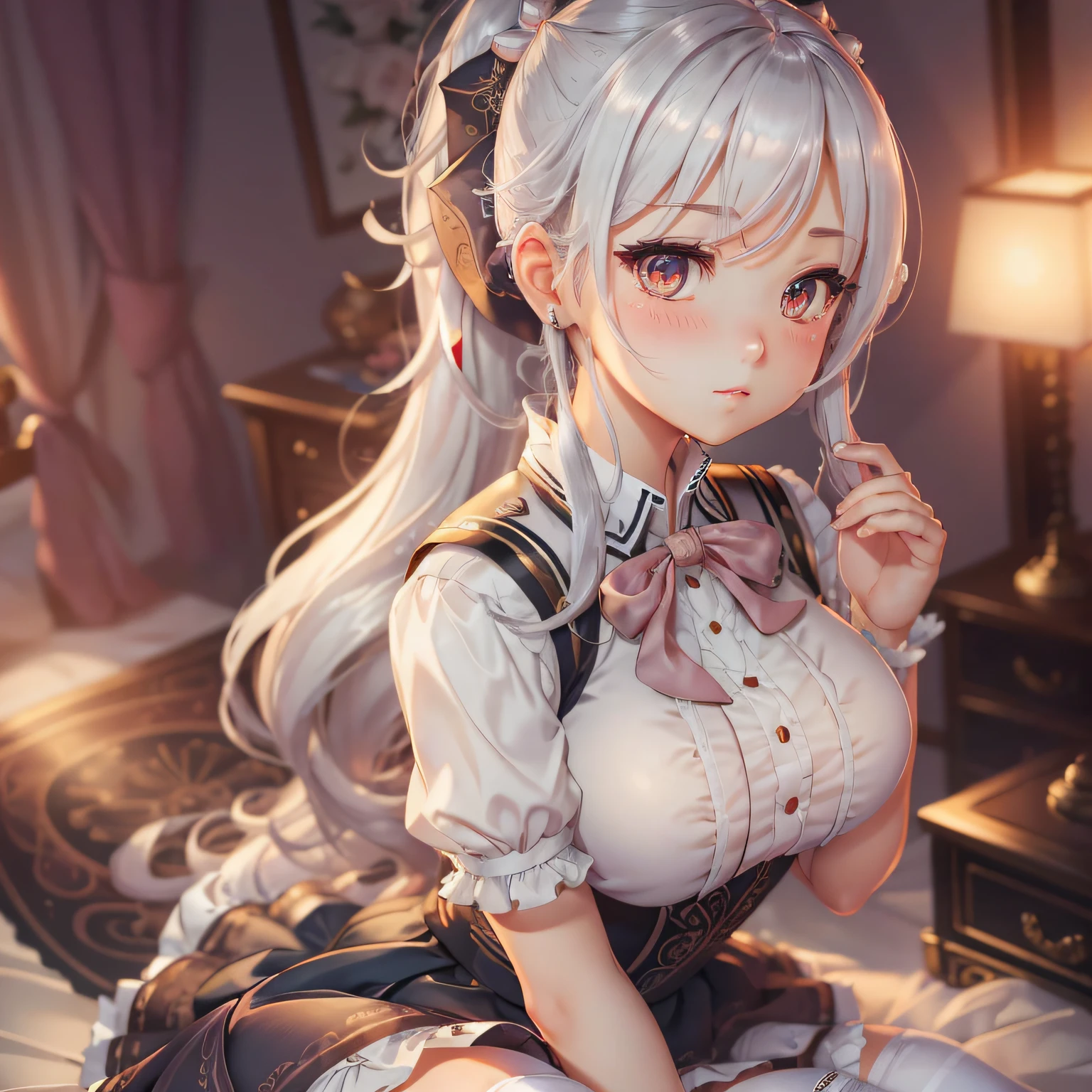 From above, best quality, highly detailed, masterpiece, hyperdetail, illustration, 1 girl, dynamic angle, best quality, extremely detailed CG uniform 8k wallpaper, ink, amazing, movie lighting, cute, short skirt, squatting on bed, cute schoolgirl, full body portrait, girl, white stockings, shy, white hair, fine, want, messy hair, blush, seductive anime girl, royal sister, ink style, wrapped in a chest, conservative dress, beautiful face, hyperdetail, excellent, double ponytail, RAW photo, 8K, Highest quality, super high resolution, beautiful face details, front view, long hair, high quality avatar, ass, exposed breasts, small breast type --auto --s2